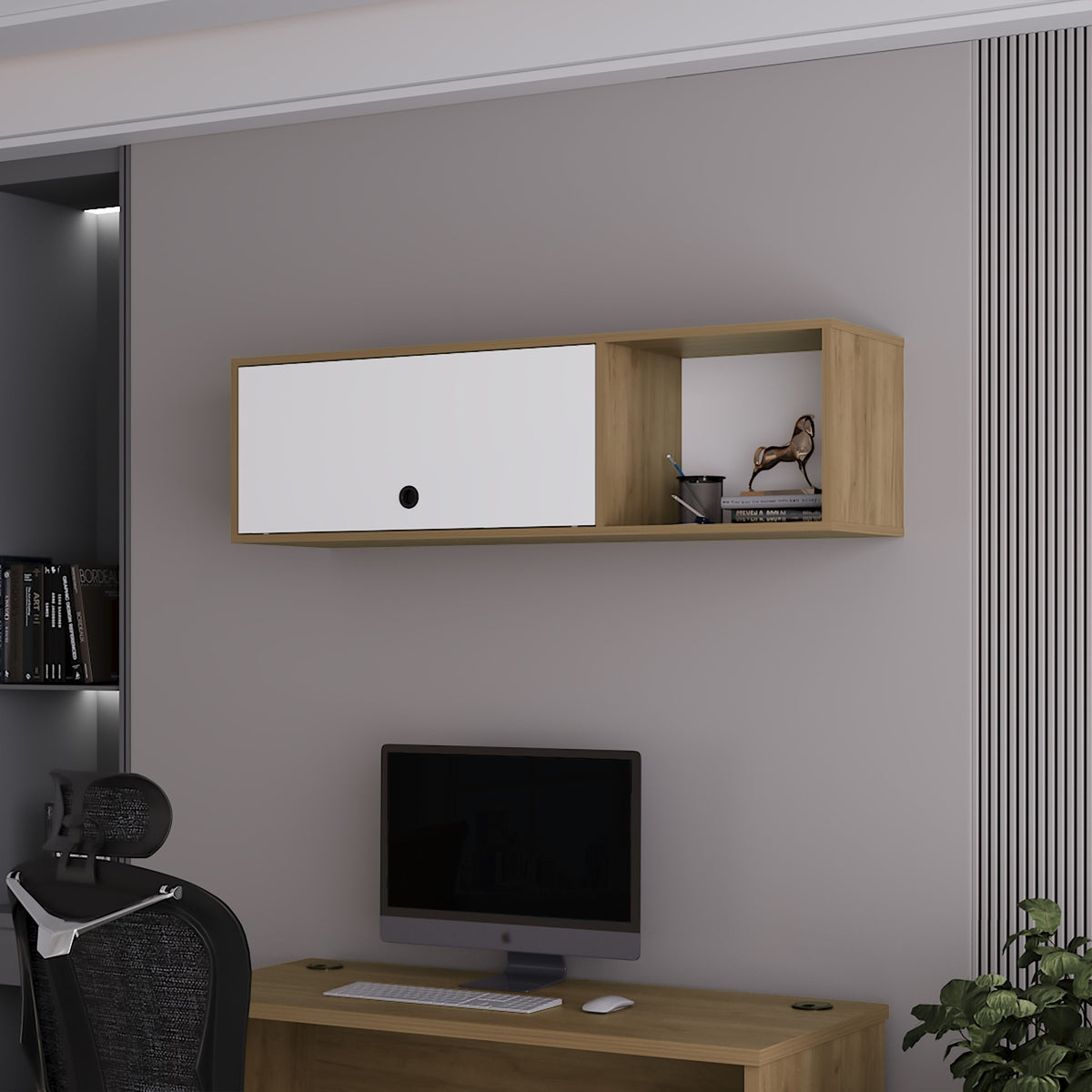 Roslyn Wall-Mounted Cabinet with Lift-Up Door, Open Compartments, Natural Oak and White