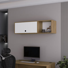 Roslyn Wall-Mounted Cabinet with Lift-Up Door, Open Compartments, Natural Oak and White