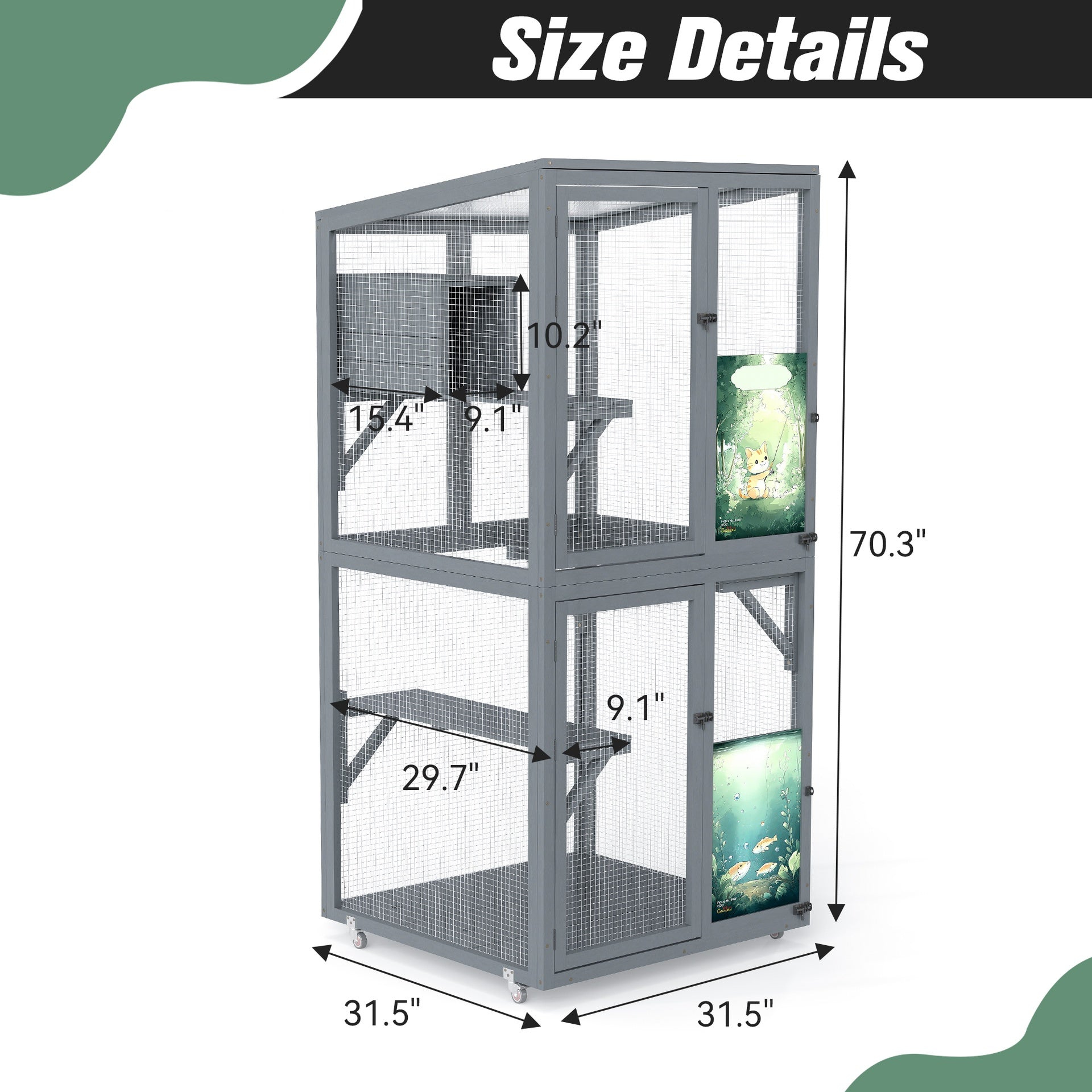 70-Inch Cat Window Catio House, Outdoor Wood Cat Enclosure with Wheels, Platforms, Resting Condo, Lockable Doors, Sunshine Roof, Personalized Color Panels, Gray
