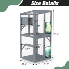 70-Inch Cat Window Catio House, Outdoor Wood Cat Enclosure with Wheels, Platforms, Resting Condo, Lockable Doors, Sunshine Roof, Personalized Color Panels, Gray