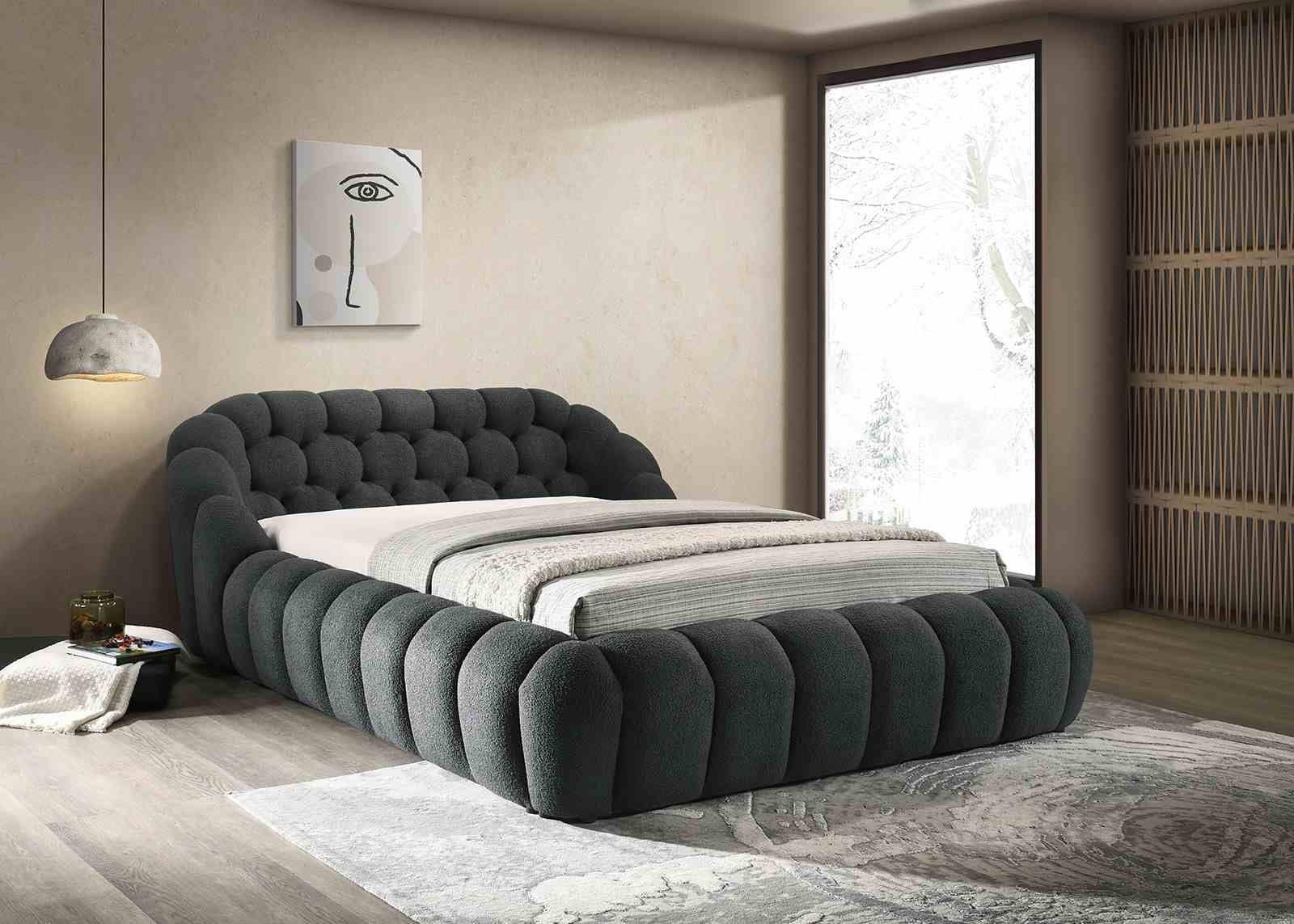 Modern Contemporary Style Charcoal / Black Color Chenille Fabric Tufted 1pc Eastern King Size Bed Bedroom