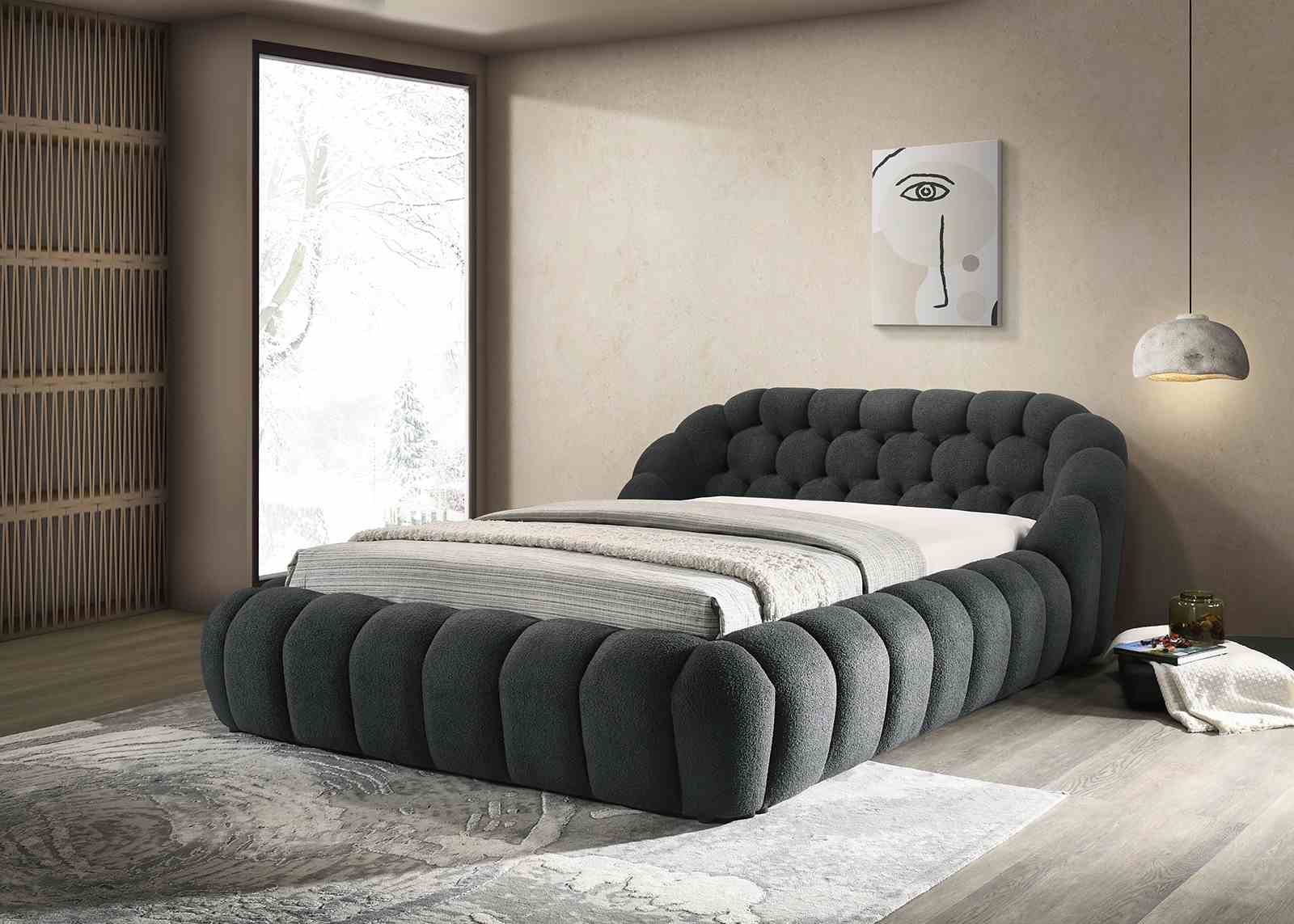 Modern Contemporary Style Charcoal / Black Color Chenille Fabric Tufted 1pc Eastern King Size Bed Bedroom