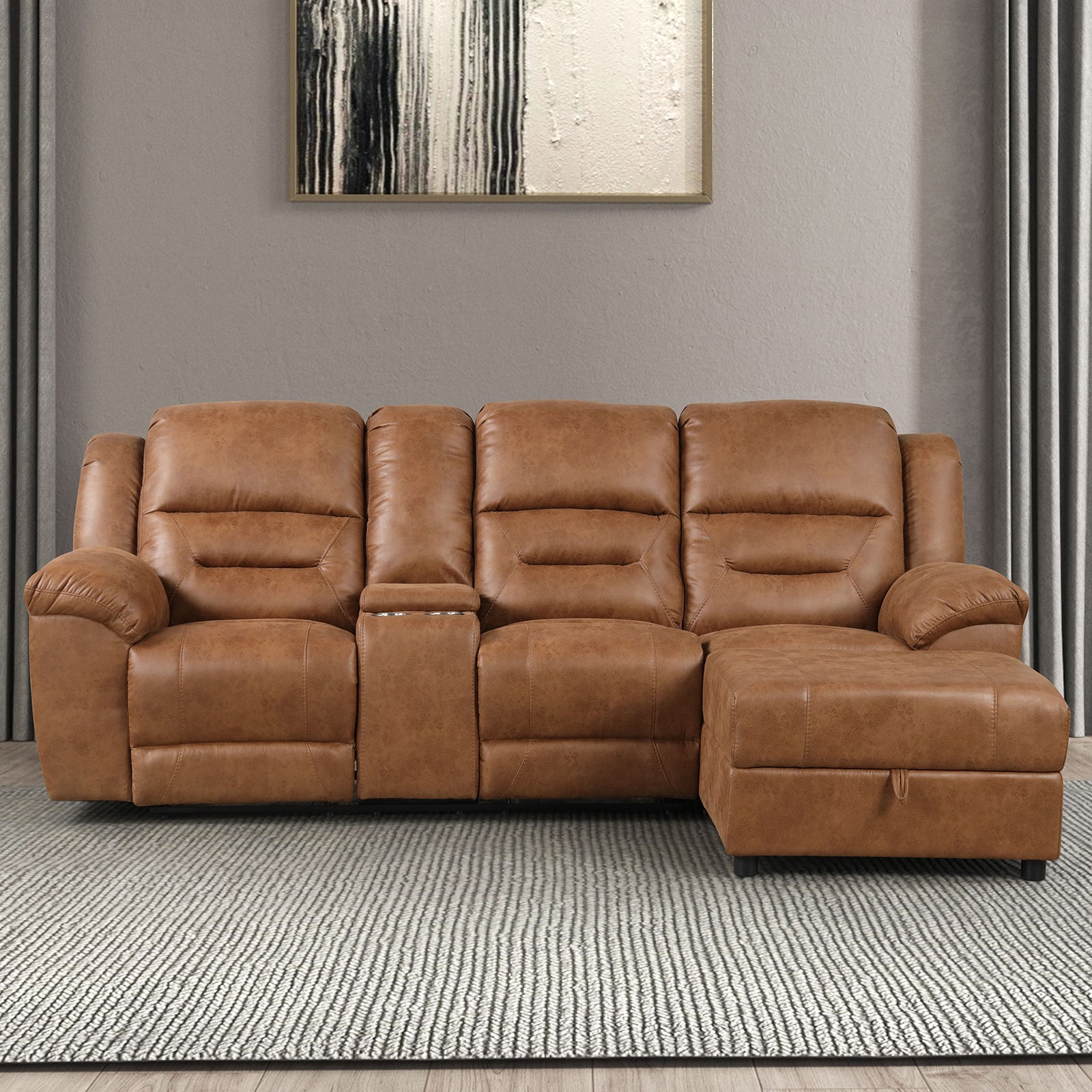 Contemporary Saddle Brown Leatherette 2pc Sectional Sofa Set Console Cup Holder Chaise Storage Recliners Adjustable Back Rest Living Room