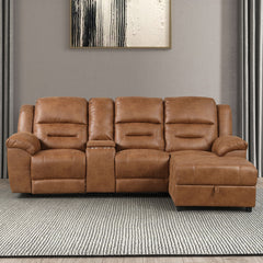 Contemporary Saddle Brown Leatherette 2pc Sectional Sofa Set Console Cup Holder Chaise Storage Recliners Adjustable Back Rest Living Room
