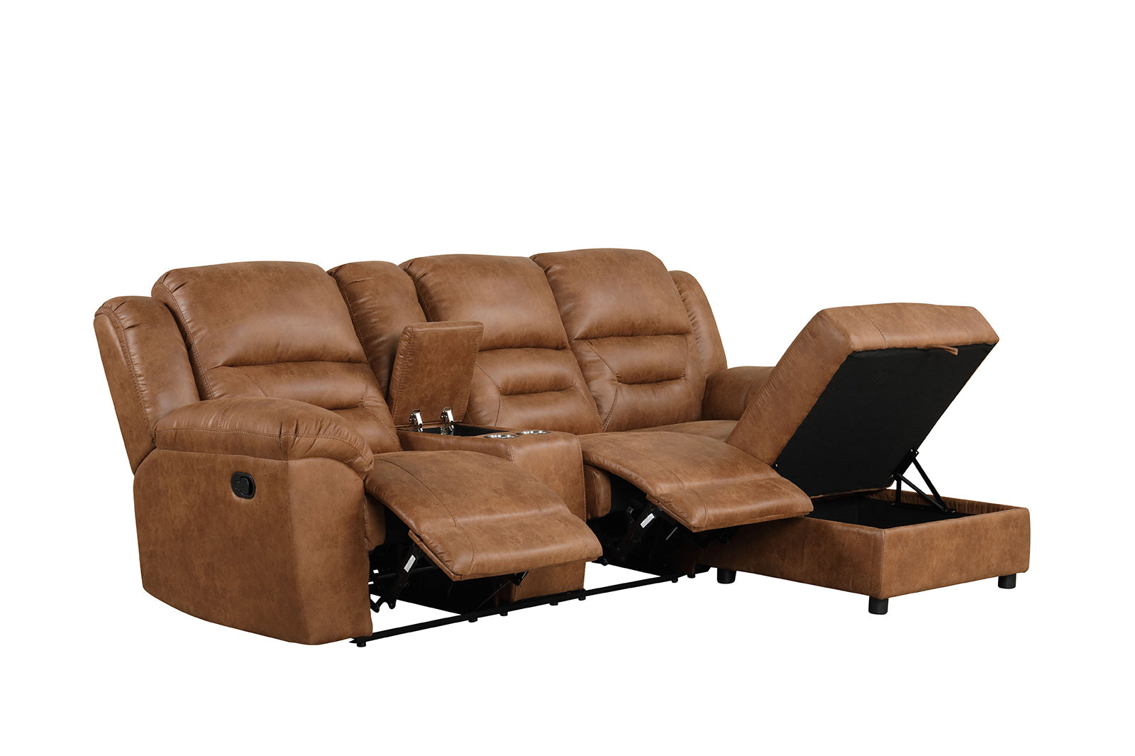 Contemporary Saddle Brown Leatherette 2pc Sectional Sofa Set Console Cup Holder Chaise Storage Recliners Adjustable Back Rest Living Room