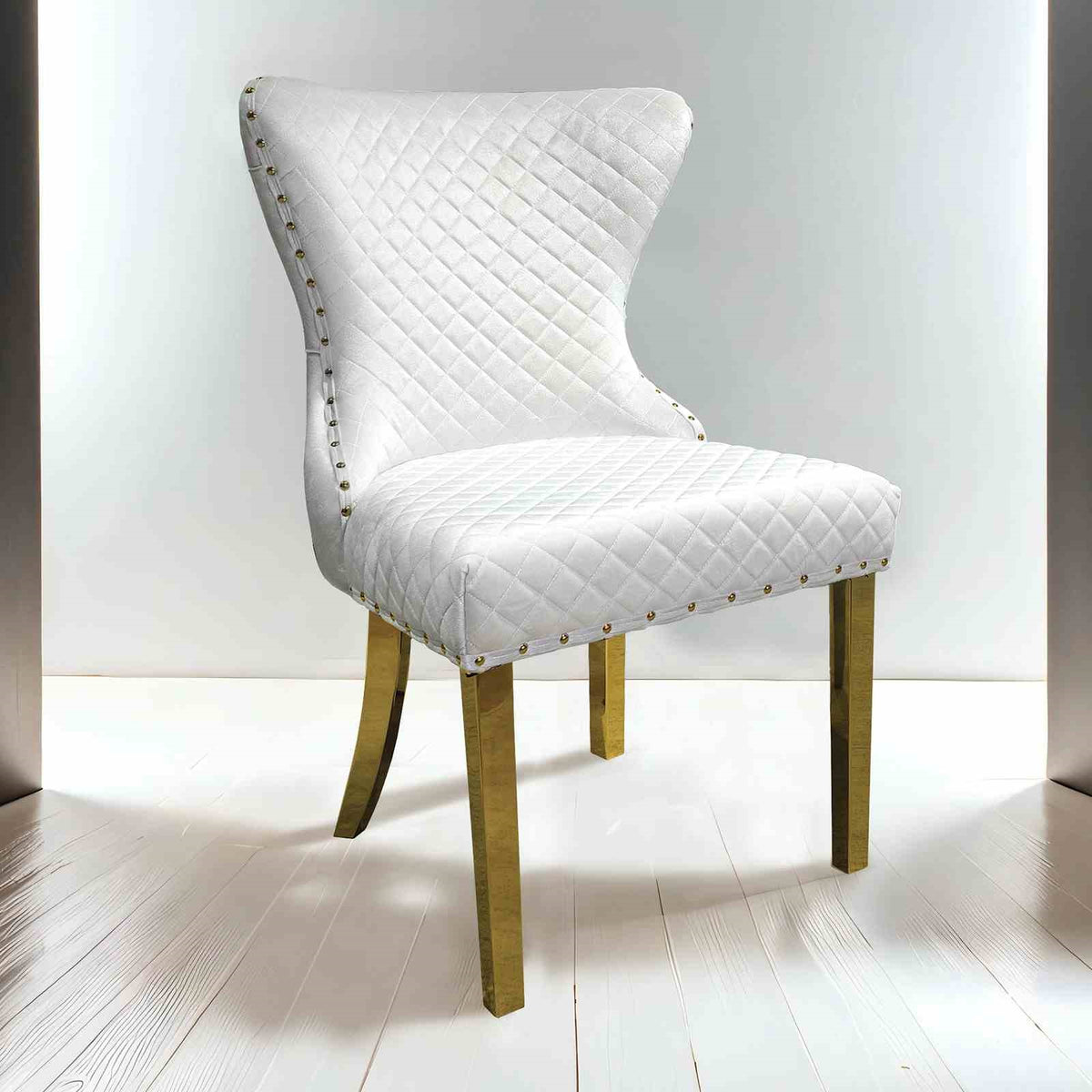 Glam Style 2pc Side Chair Gold Square Legs Diamond Pattern Nailhead Trim White Finish Dining Room