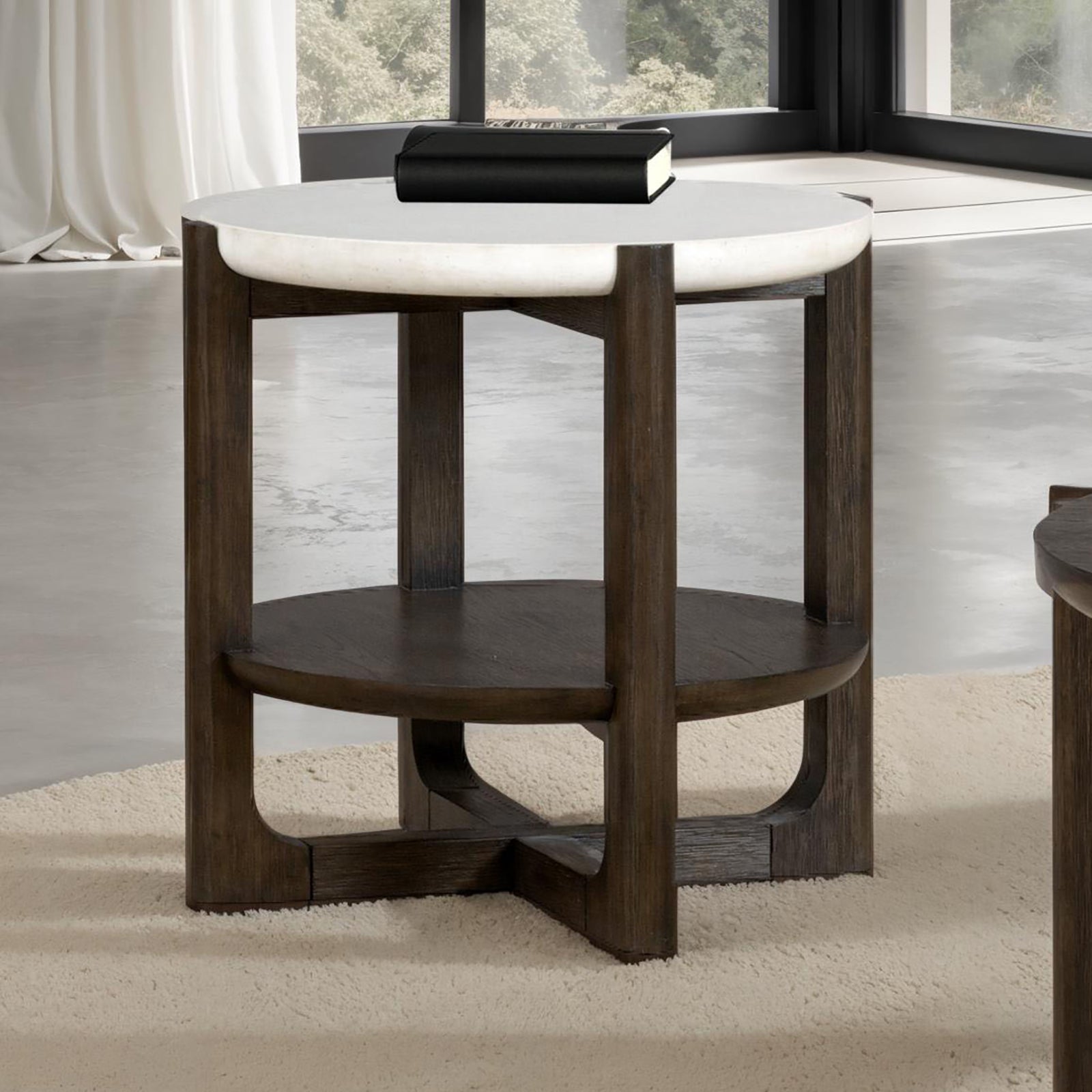 Transitional Style 1pc End Table Quartz Stone Top Trestle Base Dark Walnut Finish Primary Living Room