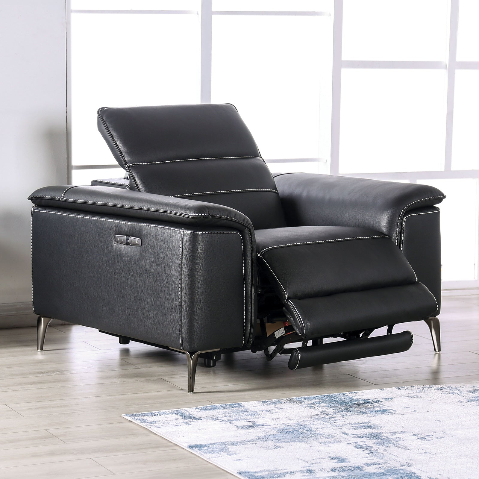 Contemporary Style Power Recliner Pillow Top Arms Metal Legs Extendable Footrest And Headrest Hardwood Frame Black Finish Primary Living Room