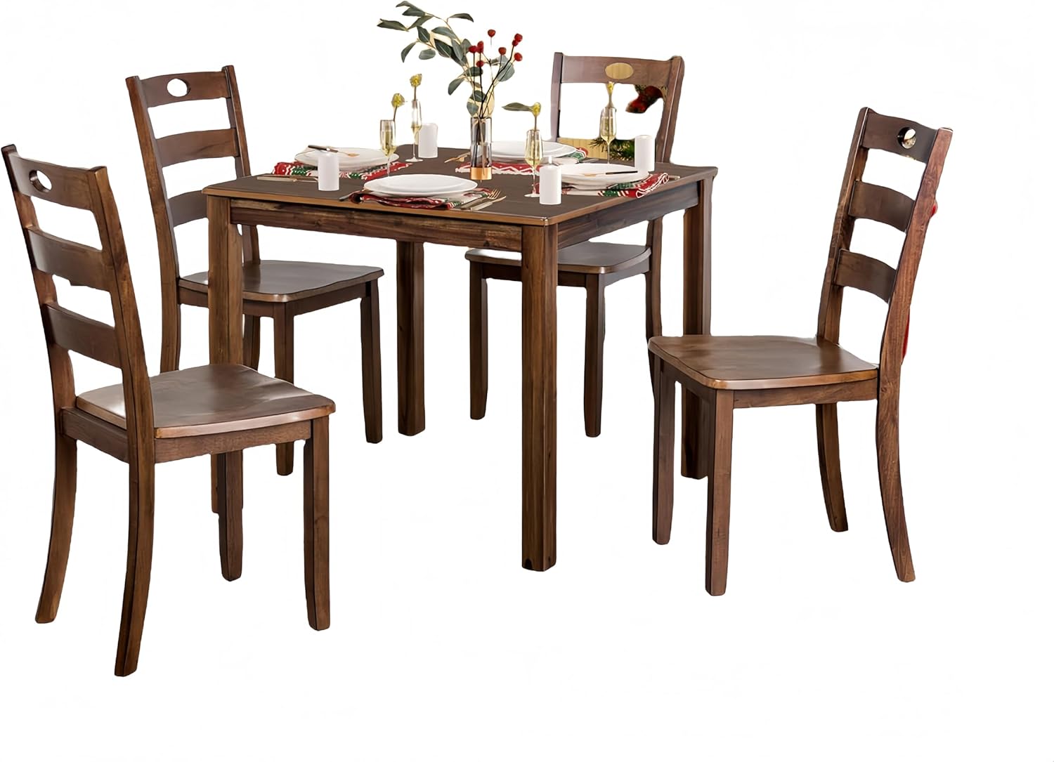 Transitional Style 5pc Dining Table Set 1x Table Square Shape 4x Chair Slat Back Walnut Finish Dining Room
