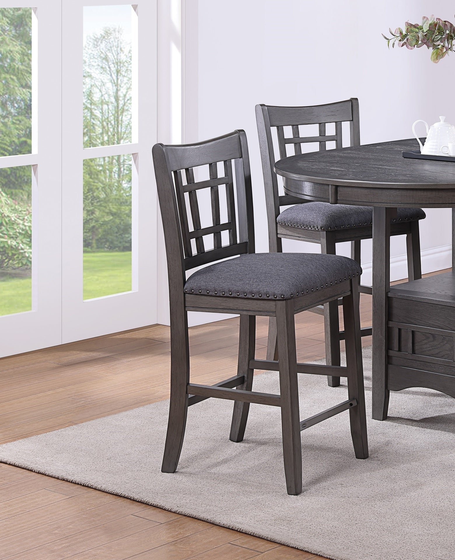 Set of 2pc High Chairs Dining Room Furniture Gray Solid wood Counter Height Chairs Upholstered Cushioned Open Square Design Back