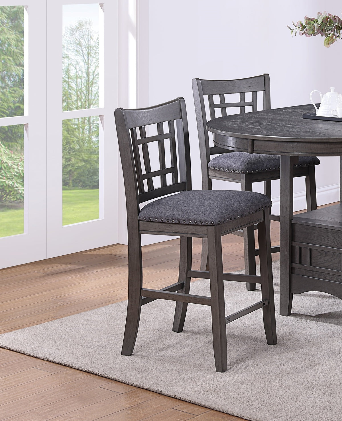 Set of 2pc High Chairs Dining Room Furniture Gray Solid wood Counter Height Chairs Upholstered Cushioned Open Square Design Back