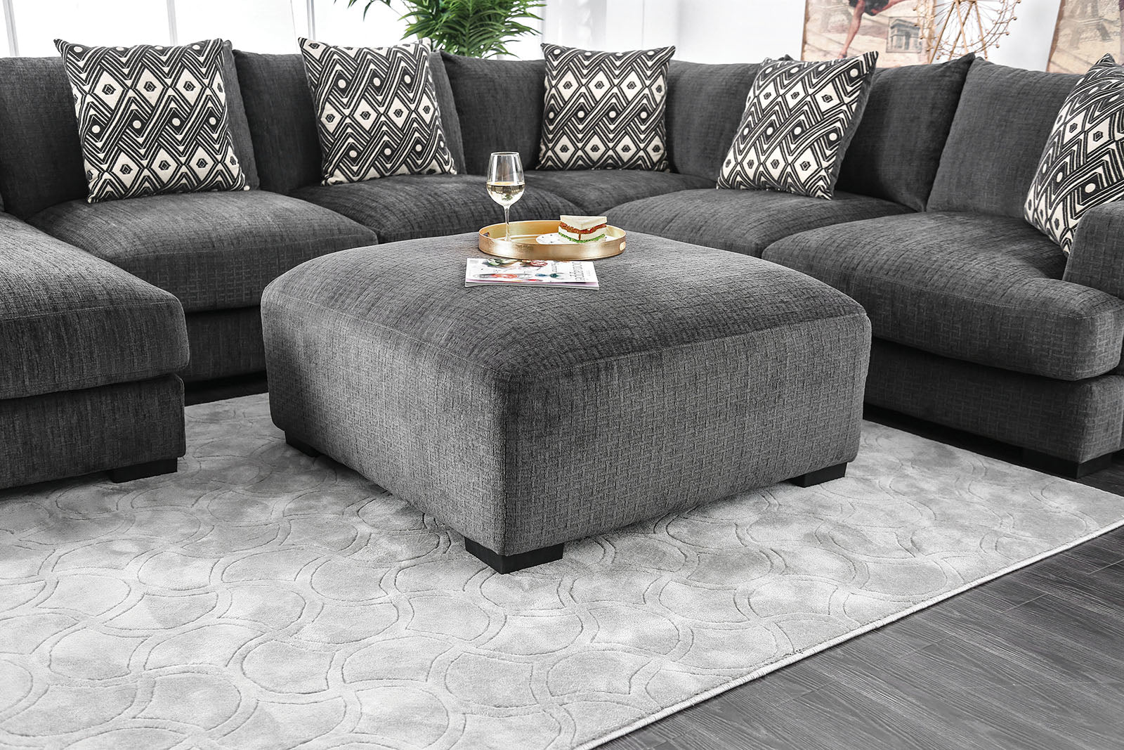 Living Room Lounge Ottoman Gray Chenille Fabric Comfort Cozy Plush Seat foam Wooden Legs 1pc Ottoman Only.