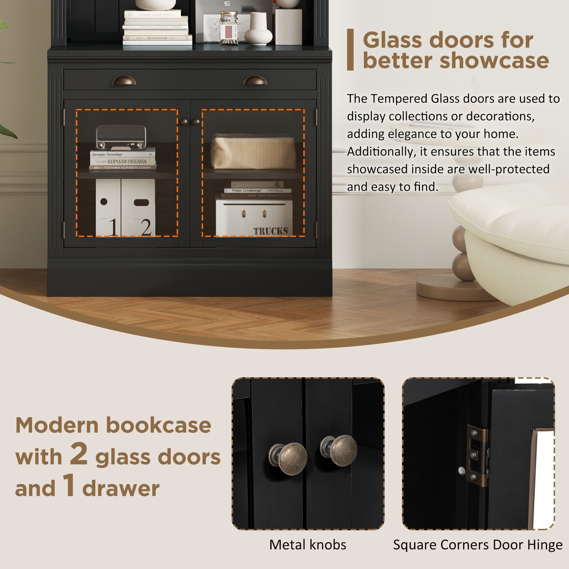 83.4"Tall Bookshelf Suite with LED Lighting, Modern Bookcases with Glass Doors and Drawers,2-Piece Set Storage Bookcase Suite with Open Shelves for Living Room,Home Office,Black