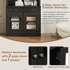 83.4"Tall Bookshelf Suite with LED Lighting, Modern Bookcases with Glass Doors and Drawers,2-Piece Set Storage Bookcase Suite with Open Shelves for Living Room,Home Office,Black