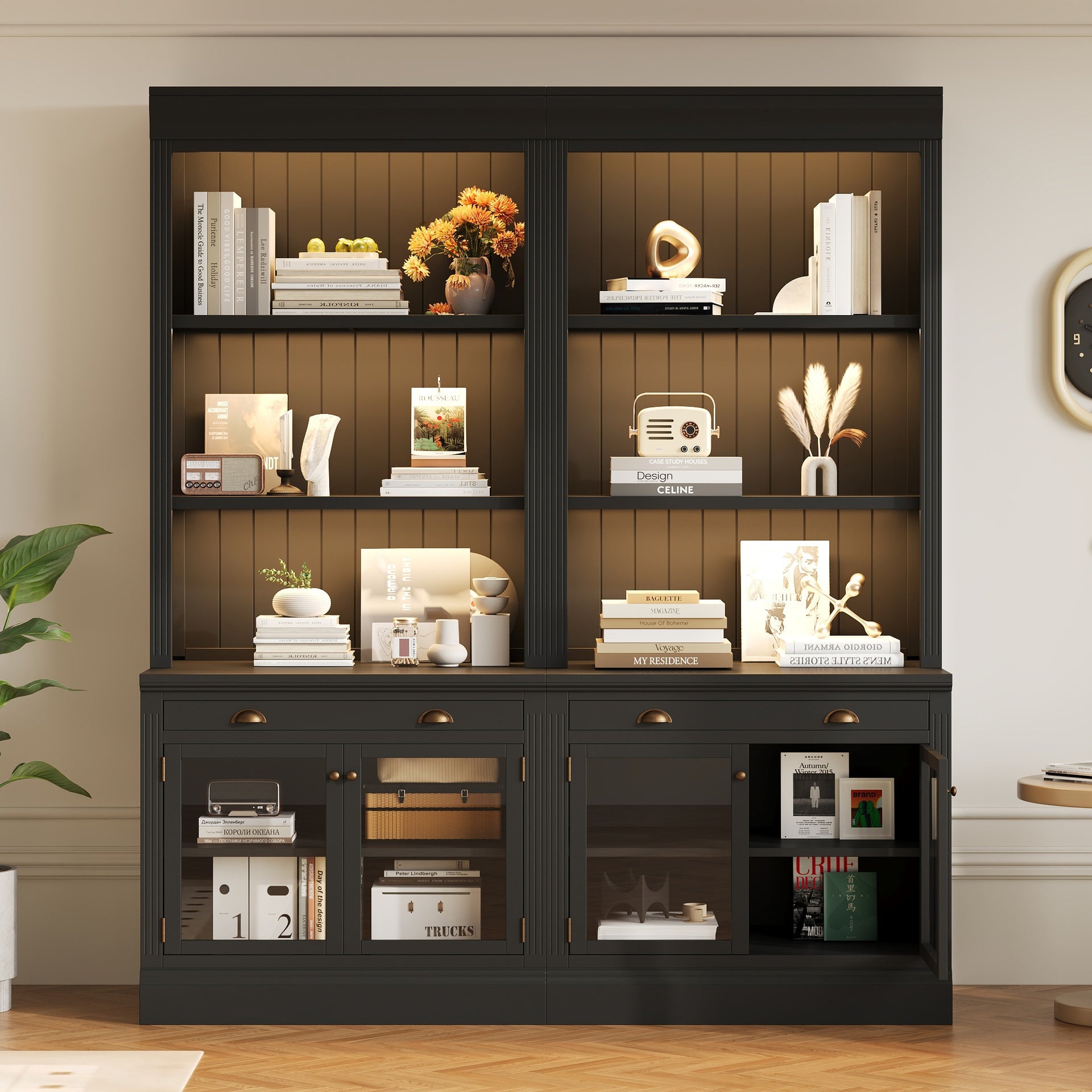 83.4"Tall Bookshelf Suite with LED Lighting, Modern Bookcases with Glass Doors and Drawers,2-Piece Set Storage Bookcase Suite with Open Shelves for Living Room,Home Office,Black