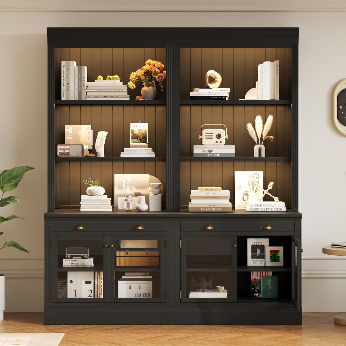 83.4"Tall Bookshelf Suite with LED Lighting, Modern Bookcases with Glass Doors and Drawers,2-Piece Set Storage Bookcase Suite with Open Shelves for Living Room,Home Office,Black