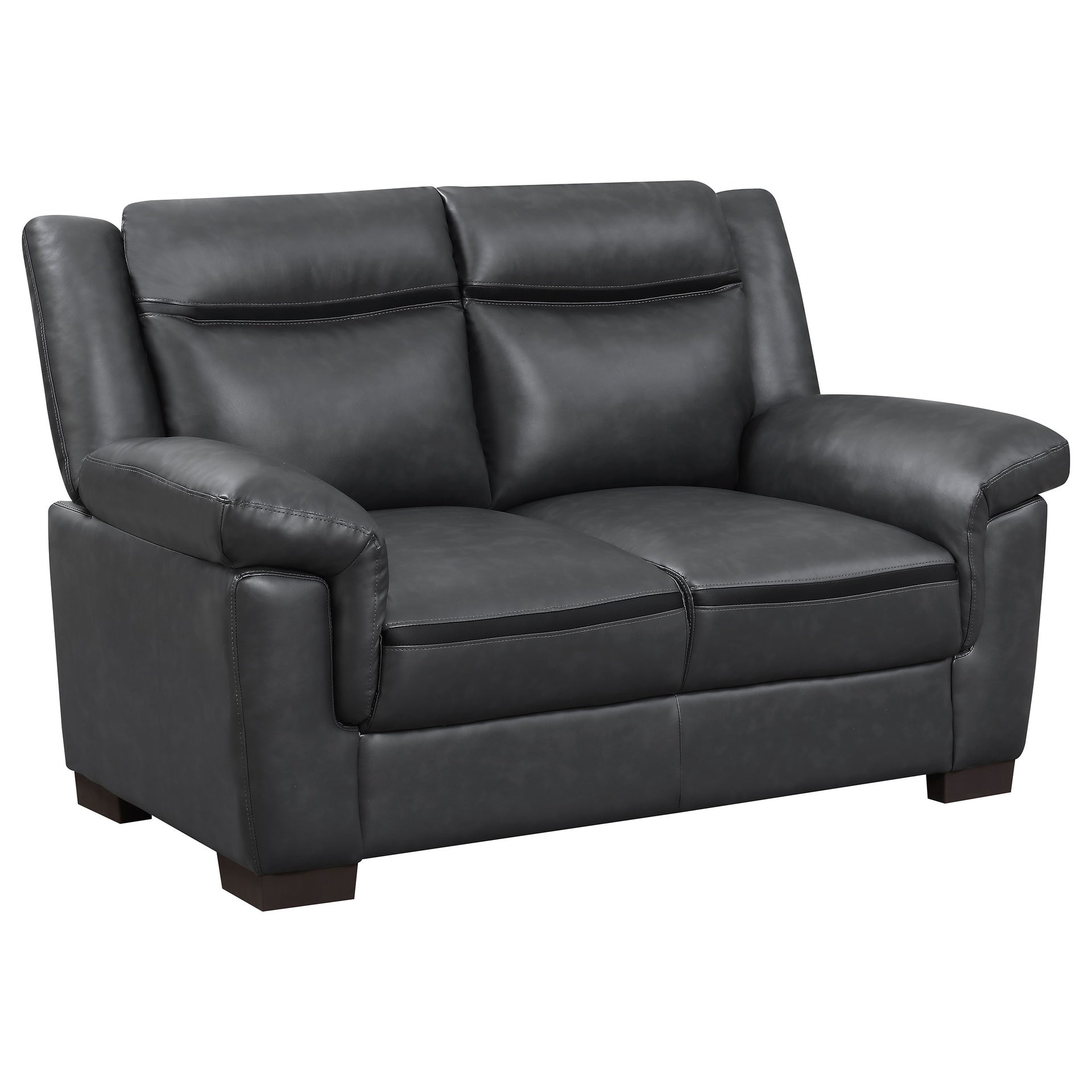 Jacob Grey Contemporary Faux Leather Loveseat with Pillow Top Arms