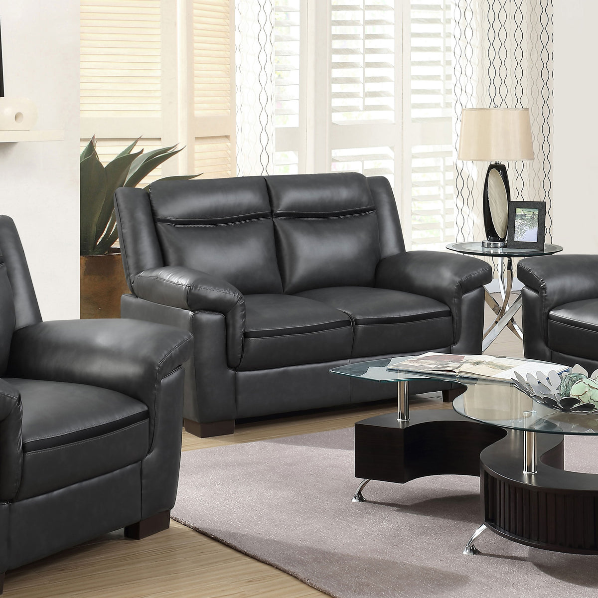 Jacob Grey Contemporary Faux Leather Loveseat with Pillow Top Arms