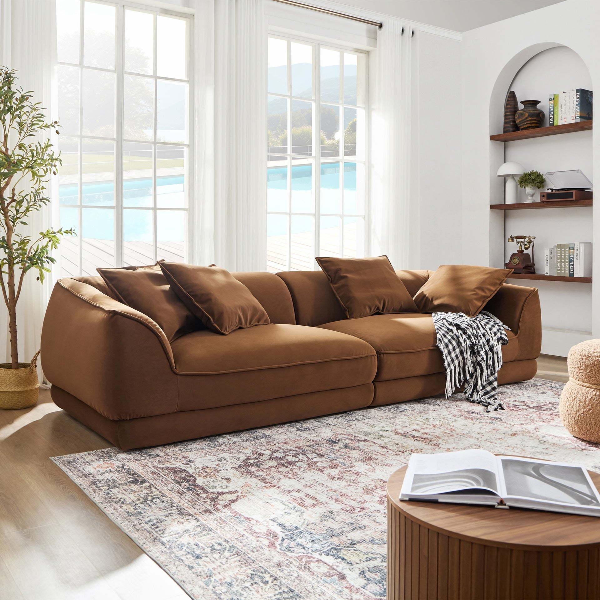 WKS16C  Camel sofa, detachable pillowcase, flannel fabric, solid wood frame, high density high rebound sponge filling, Nordic modern style, 4 throw pillows.