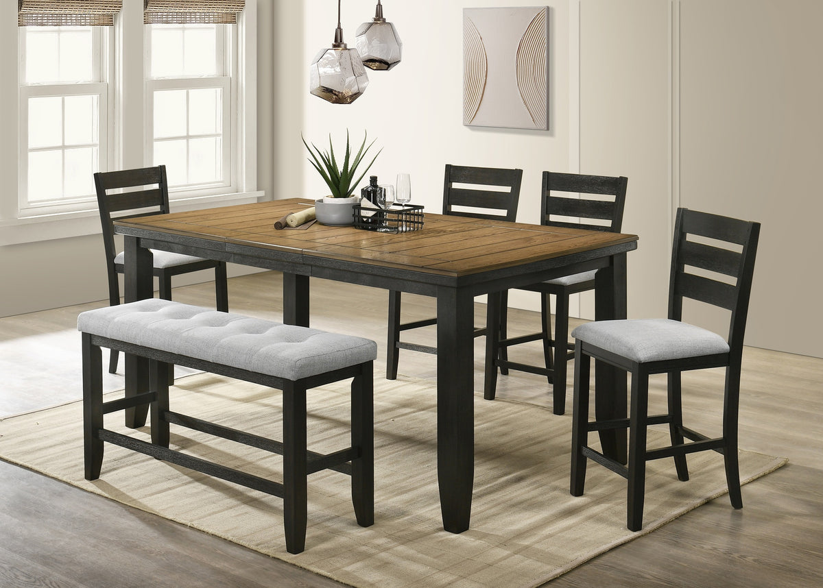 Contemporary 6pc Counter Height Dining Set 18" Extendable Leaf Table Gray Fabric Upholstered Chair Bench Seats Wheat Charcoal Finish Wooden Solid Wood Dining Room Wooden Furniture