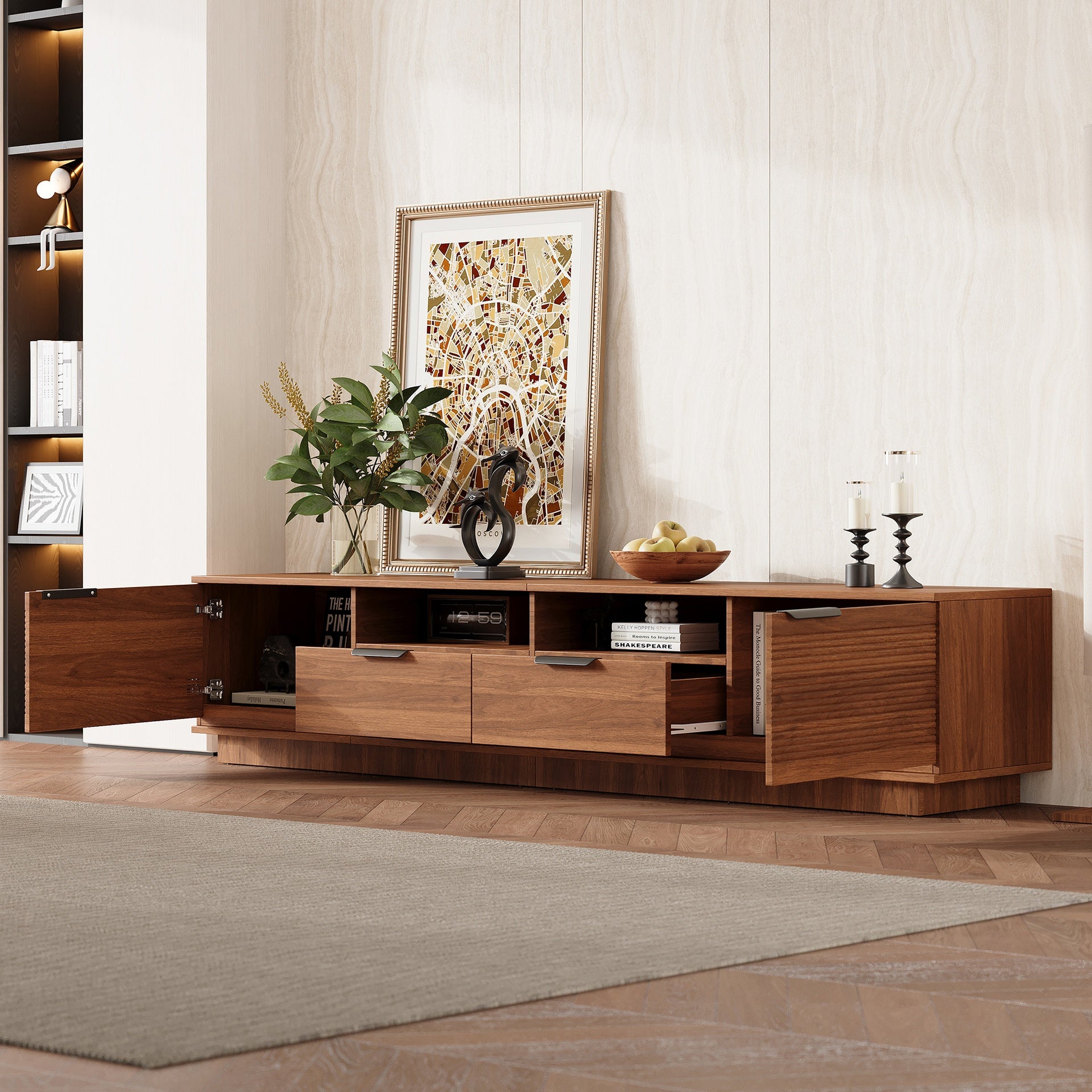 78 inch Modern TV Stand for TVs up to 85", Entertainment Center with Deep Drawer & Cable Management, Soft-Closing Hinges for Living Room