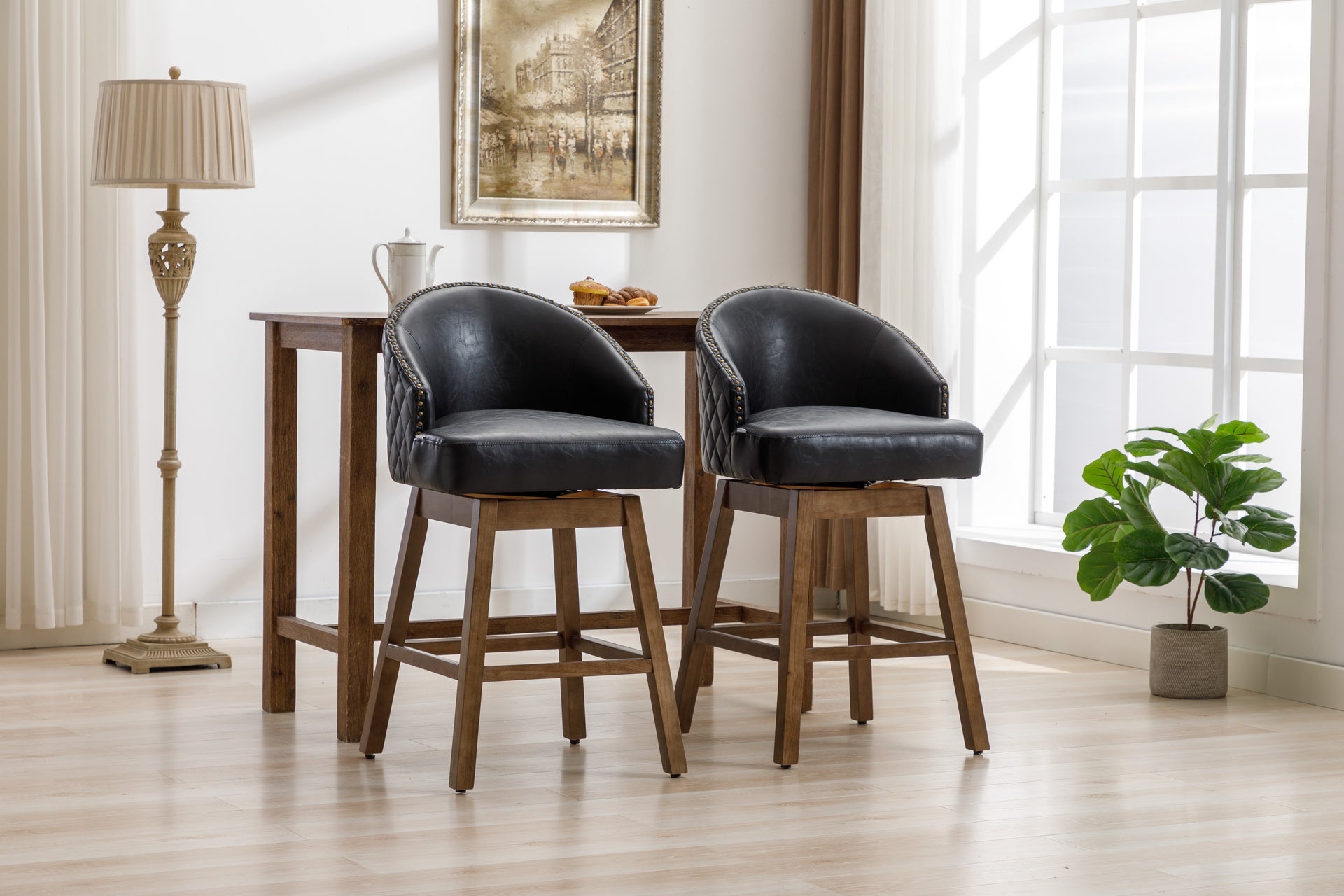UNITED WE WIN Rotating bar chair, counter height bar chair with backrest, leather rotating kitchen stool with wooden legs and footrest, soft cushion bar, kitchen island