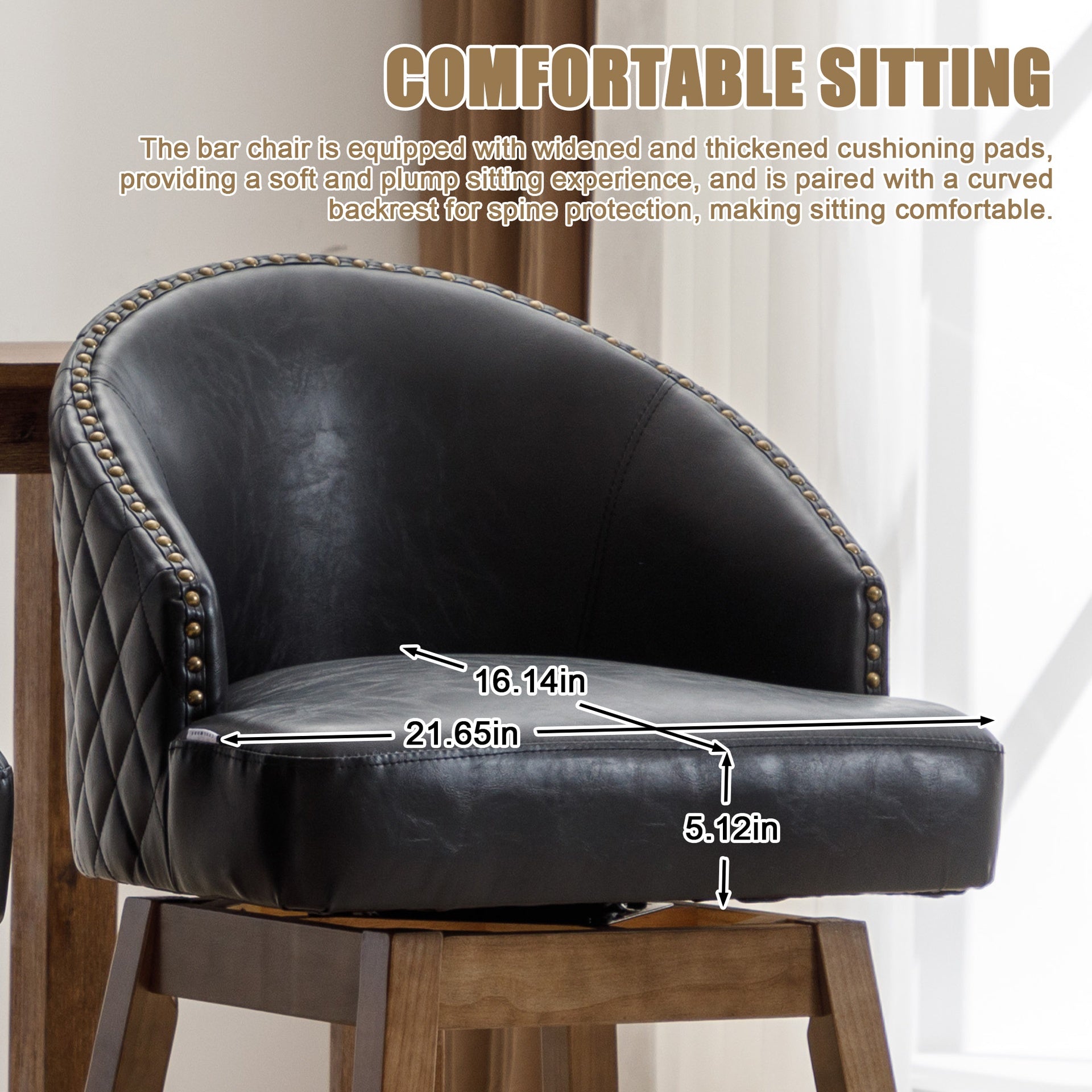 UNITED WE WIN Rotating bar chair, counter height bar chair with backrest, leather rotating kitchen stool with wooden legs and footrest, soft cushion bar, kitchen island