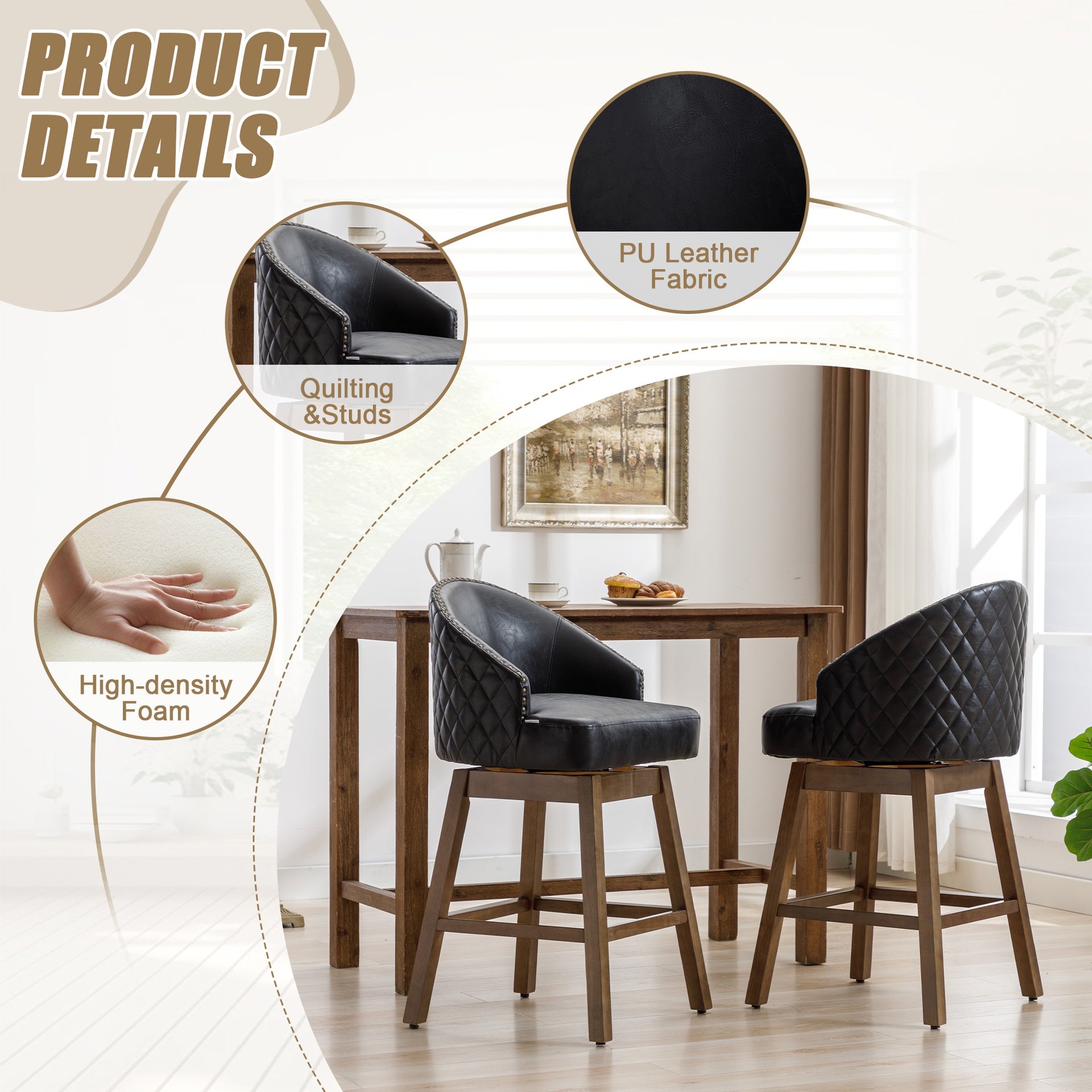 UNITED WE WIN Rotating bar chair, counter height bar chair with backrest, leather rotating kitchen stool with wooden legs and footrest, soft cushion bar, kitchen island