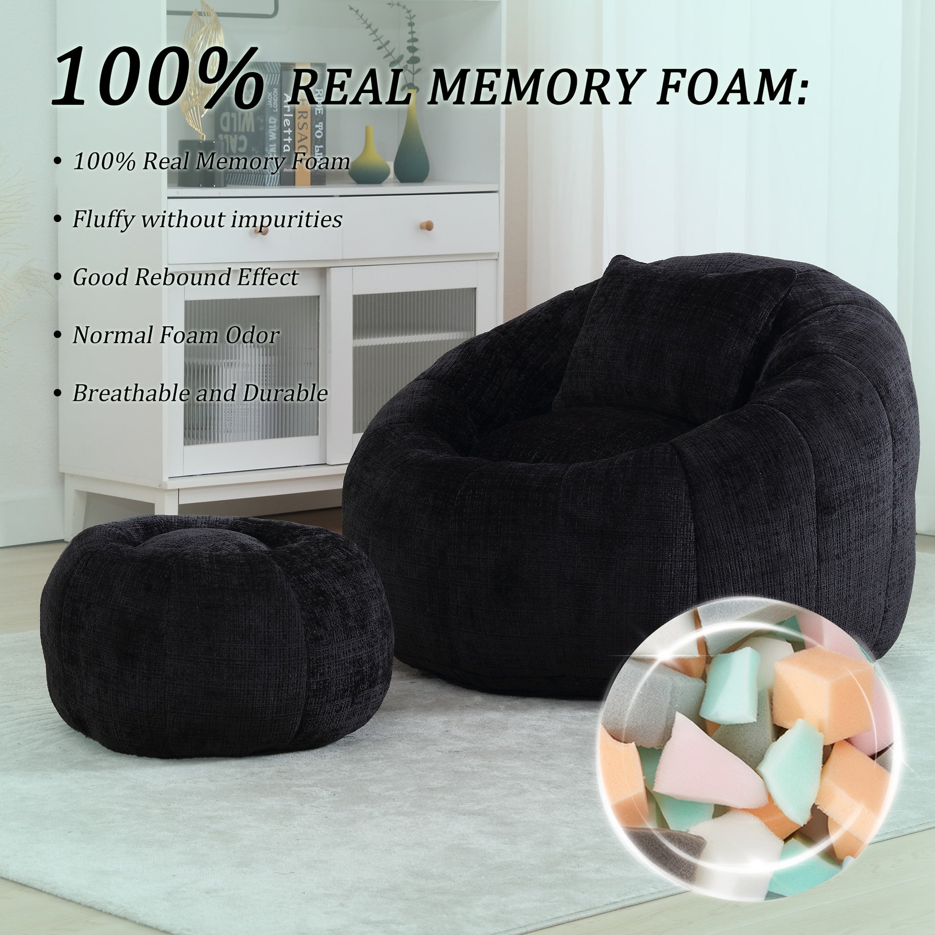 UNITED WE WIN Modern Bean Bag Chairs, Comfy Round Chair for Adults with Ottoman, Leisure Single Sofa Reading Chair with Pillow for Living Room, Bedroom, Apartment