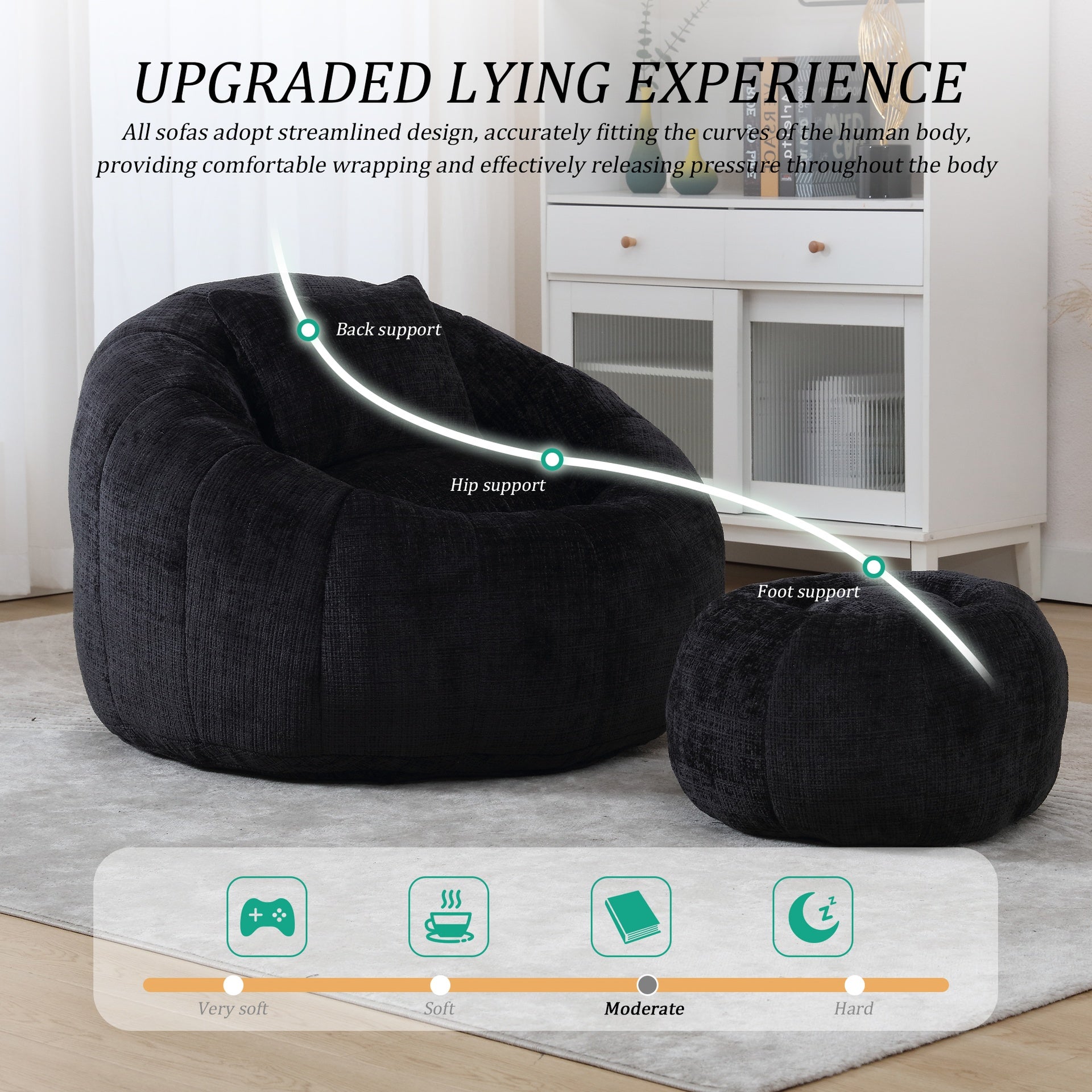 UNITED WE WIN Modern Bean Bag Chairs, Comfy Round Chair for Adults with Ottoman, Leisure Single Sofa Reading Chair with Pillow for Living Room, Bedroom, Apartment