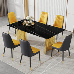 Table and chair set.The table has a glass top with imitation marble pattern stickers and stainless steel golden legs. Paried with 6 Orange and Dark Gray Spliced Color PU Dining Chairs.