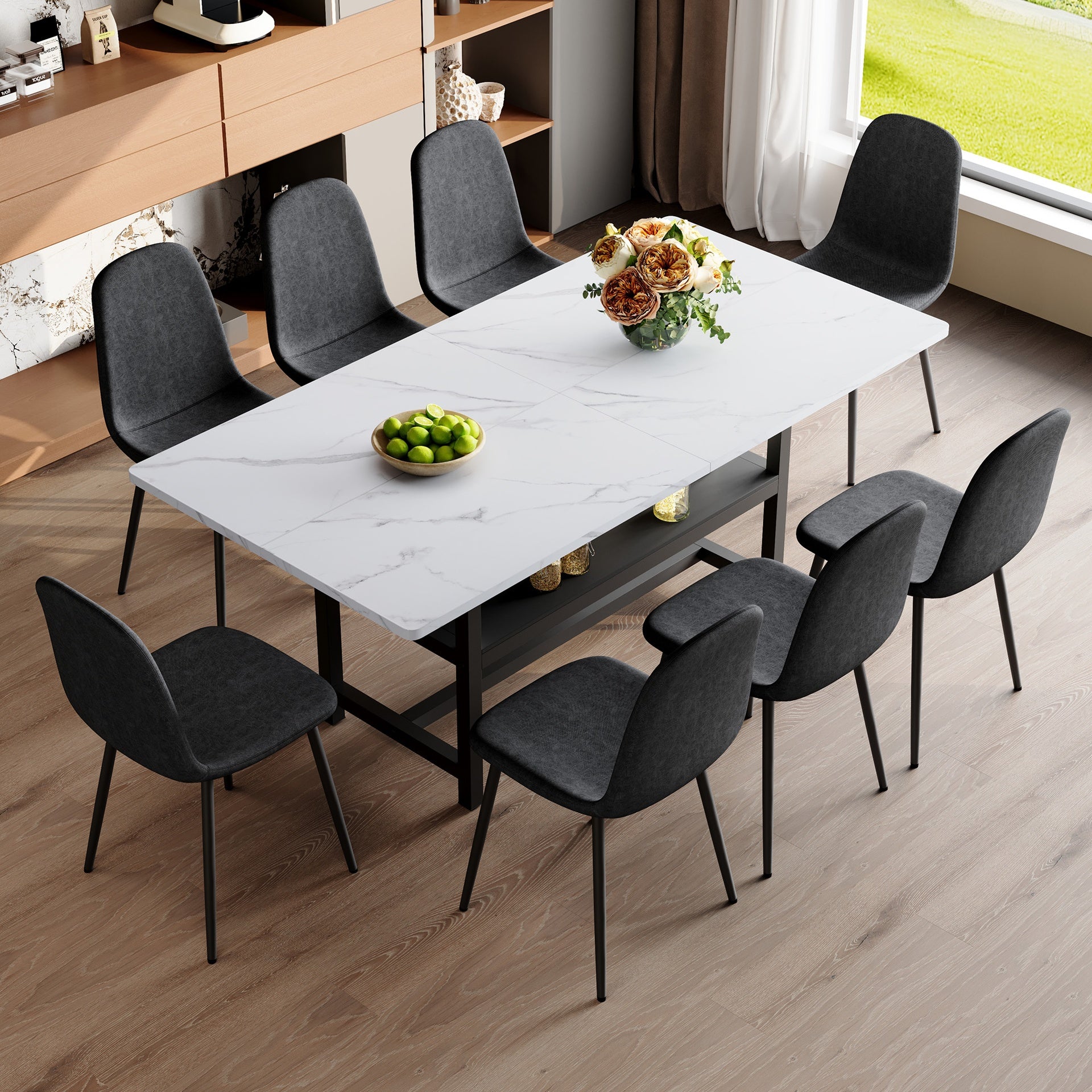 Table and chair set.71*35.4 inch White Grain Spliced Dining Table With Storage Function In The Middle Of The Table Legs.Paired with 8 Black Linen-Cotton Material High Resilience Dining Chair.