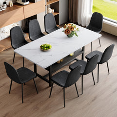 Table and chair set.71*35.4 inch White Grain Spliced Dining Table With Storage Function In The Middle Of The Table Legs.Paired with 8 Black Linen-Cotton Material High Resilience Dining Chair.