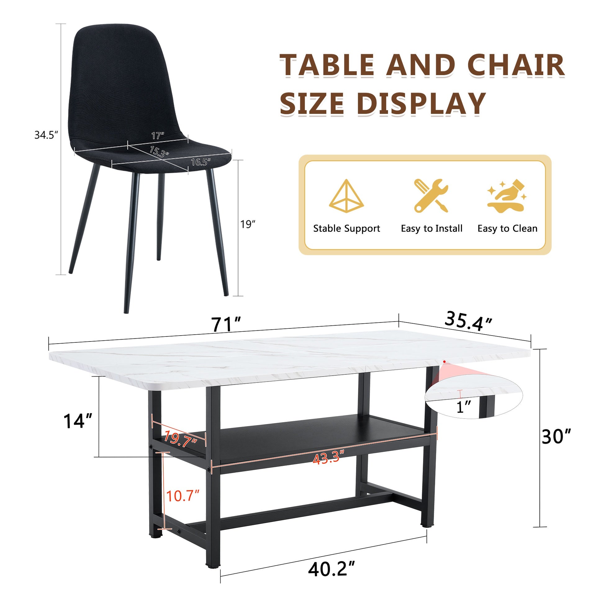 Table and chair set.71*35.4 inch White Grain Spliced Dining Table With Storage Function In The Middle Of The Table Legs.Paired with 8 Black Linen-Cotton Material High Resilience Dining Chair.