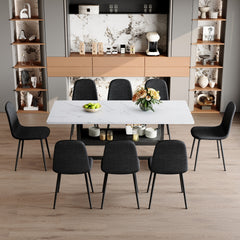 Table and chair set.71*35.4 inch White Grain Spliced Dining Table With Storage Function In The Middle Of The Table Legs.Paired with 8 Black Linen-Cotton Material High Resilience Dining Chair.