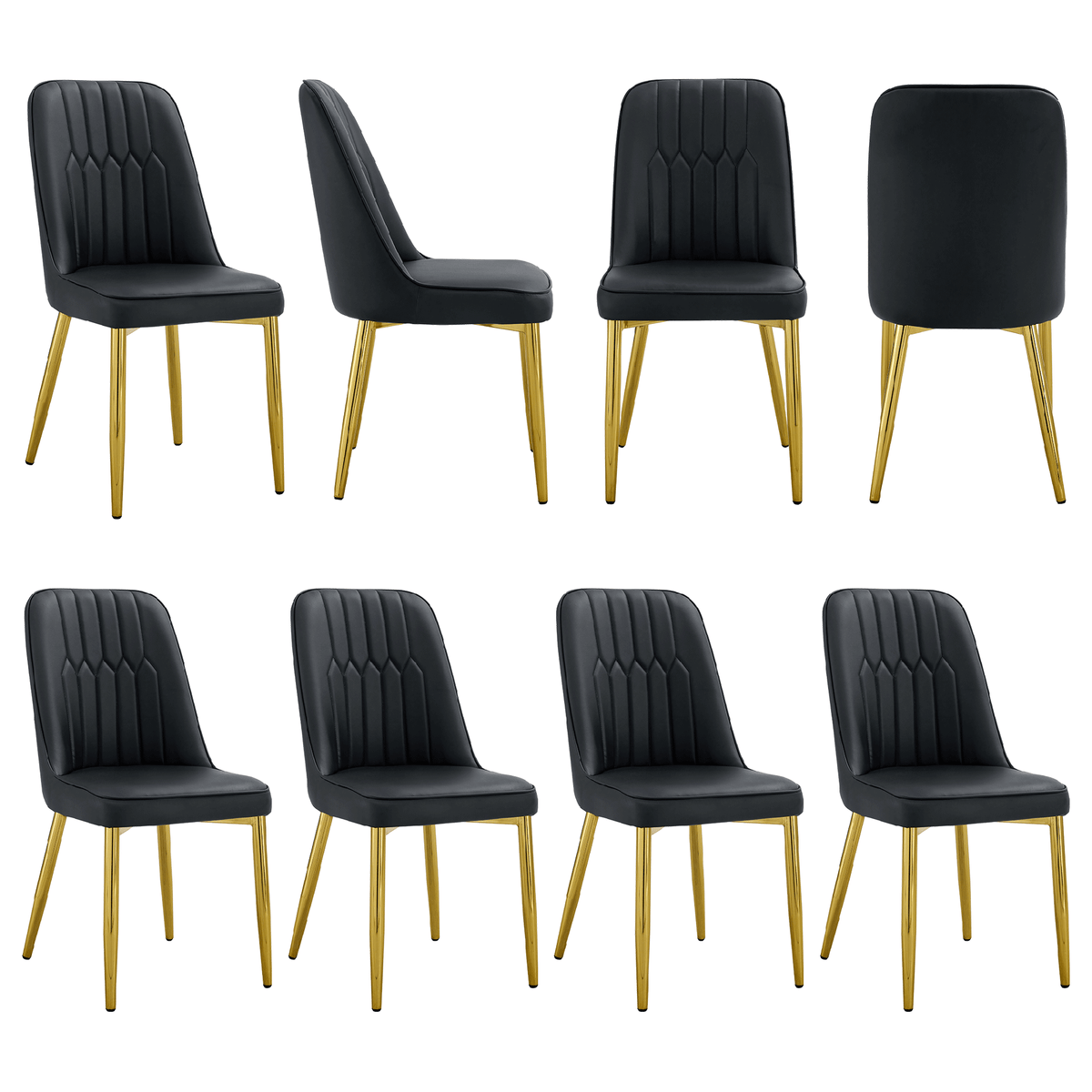 8 modern dining chairs, sleek PU backrest, and gold metal legs bring a comfortable home experience to the kitchen, bedroom, and office.Black PU Chairs with Simple Line Designs On The Backrest.