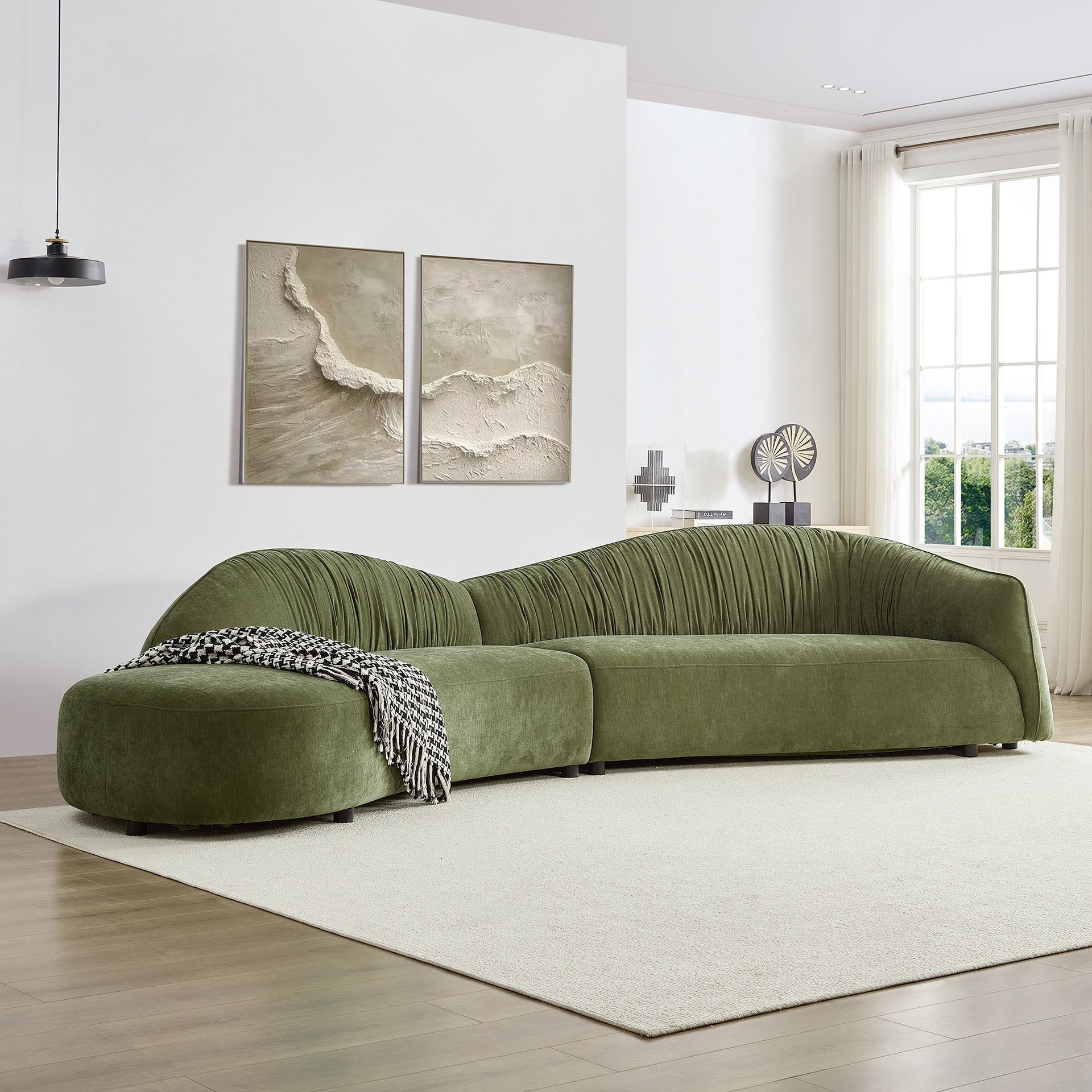 145.67'' Mid-Century Upholstered Comfy Couch with Facing Chaise Left for Livingroom,Bedroom, Apartment, Home Office GREEN