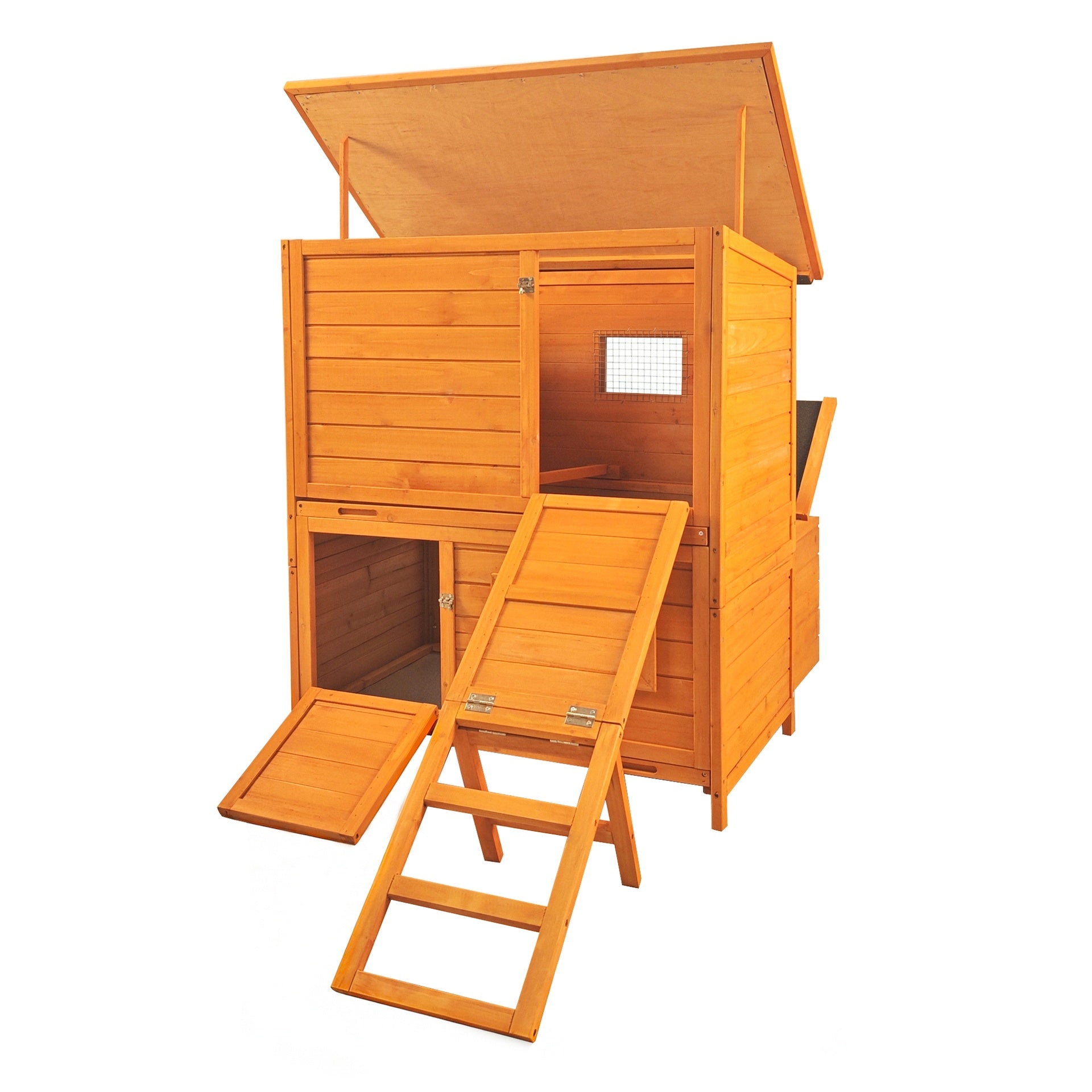 Chicken Coop, Double-House Wooden Chicken Coop For 6-8 Chickens With 3 Nesting Boxes And 2 Pull-Out Trays, Featuring A Foldable Ramp And Flip-Up Asphalt Roof