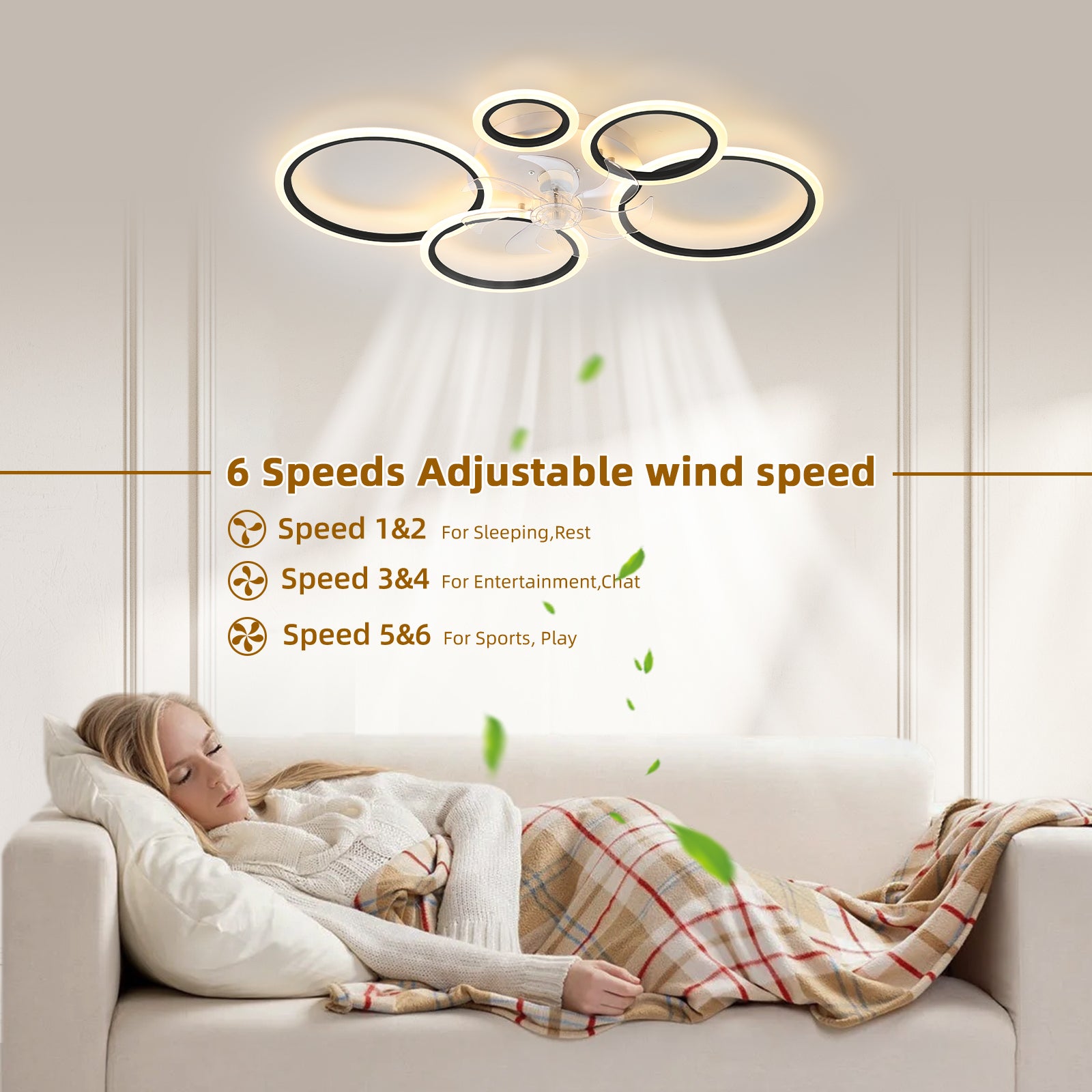 Black Ceiling Fan with Lights Remote Control and APP Control, Dimmable with Remote 7 Blades 6 Speeds of Wind