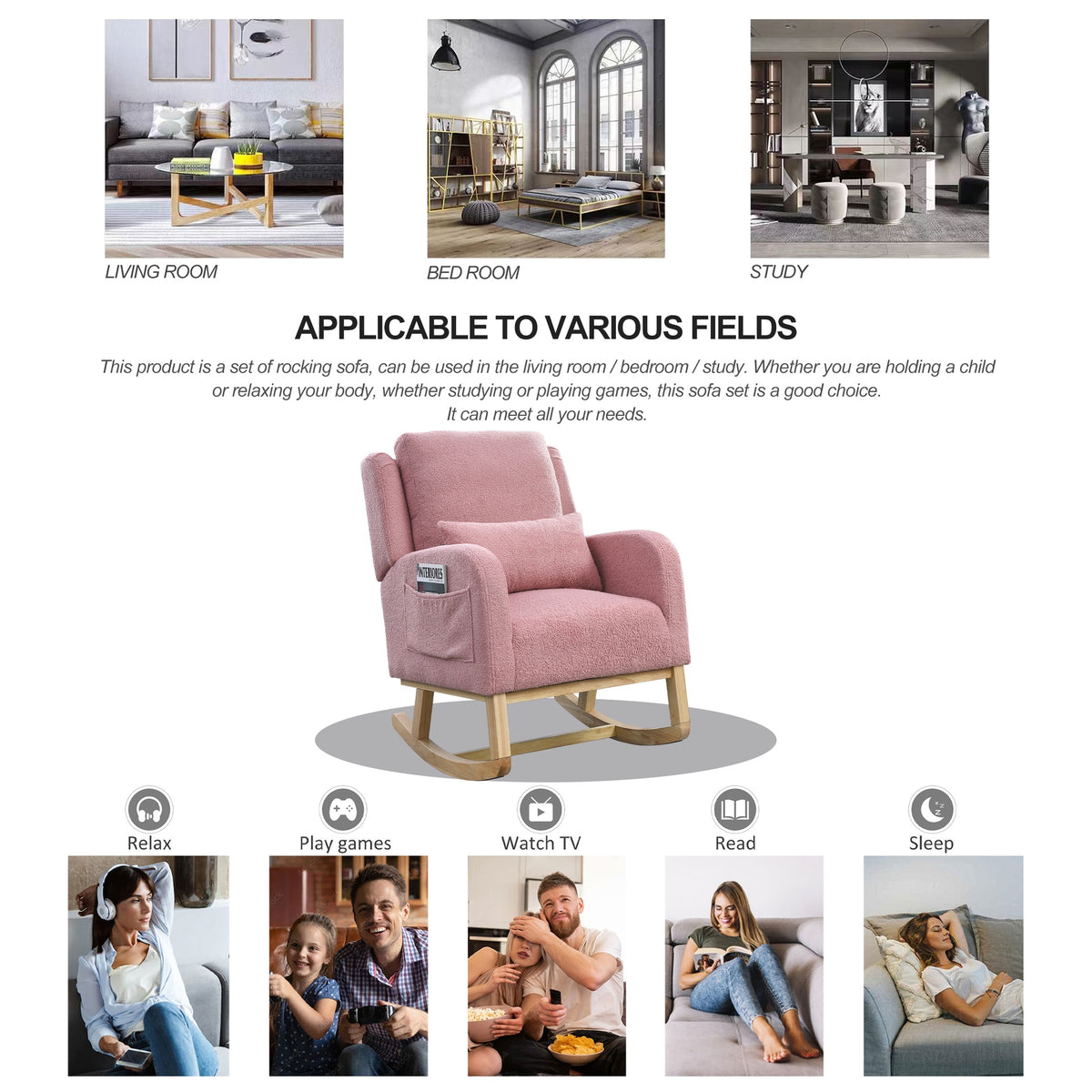 Welike 27.5 "W Modern Accent High Back Living Room Casual Armchair Rocker with One Lumbar Pillow, Two Side Pockets,Teddy.