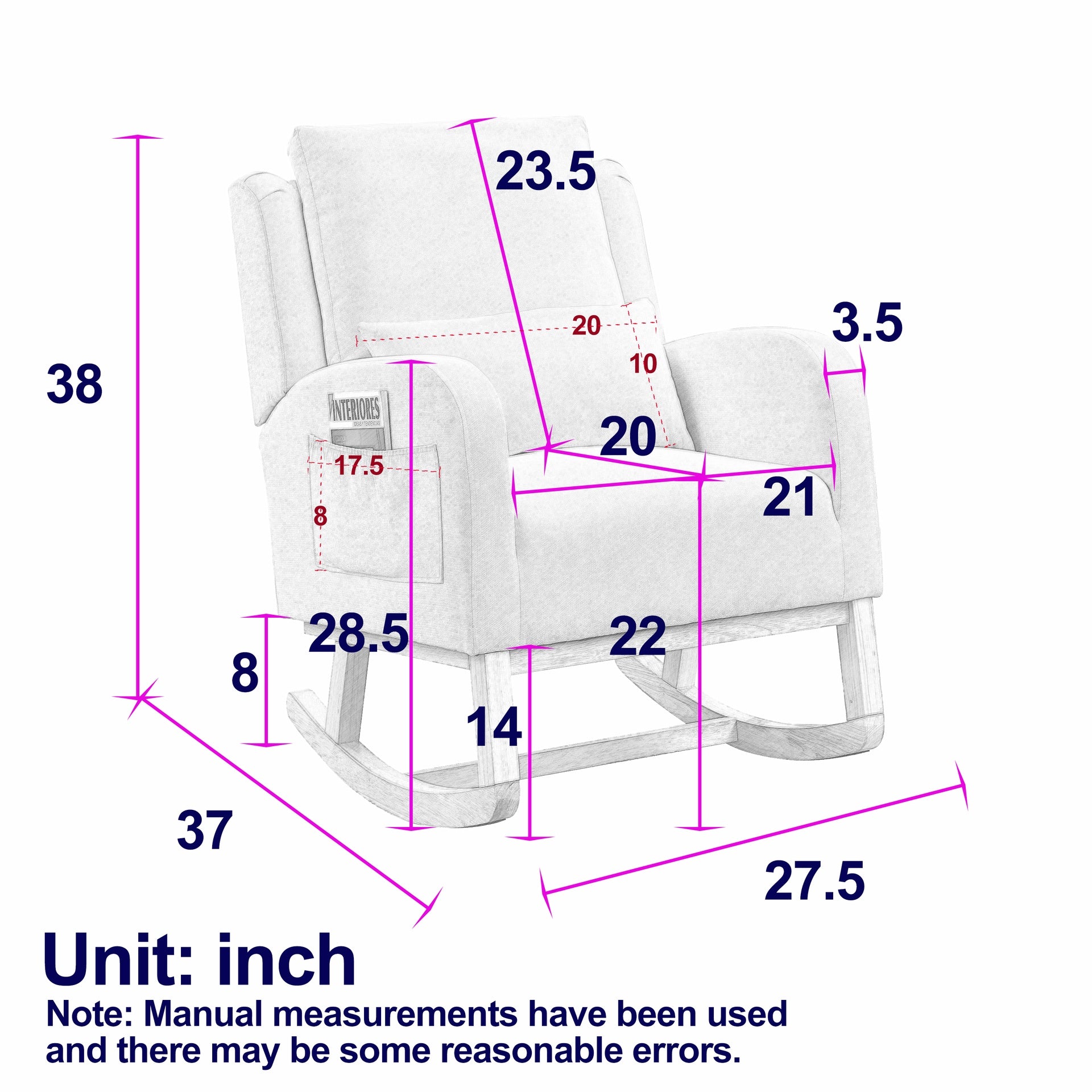 Welike 27.5 "W Modern Accent High Back Living Room Casual Armchair Rocker with One Lumbar Pillow, Two Side Pockets,Teddy.