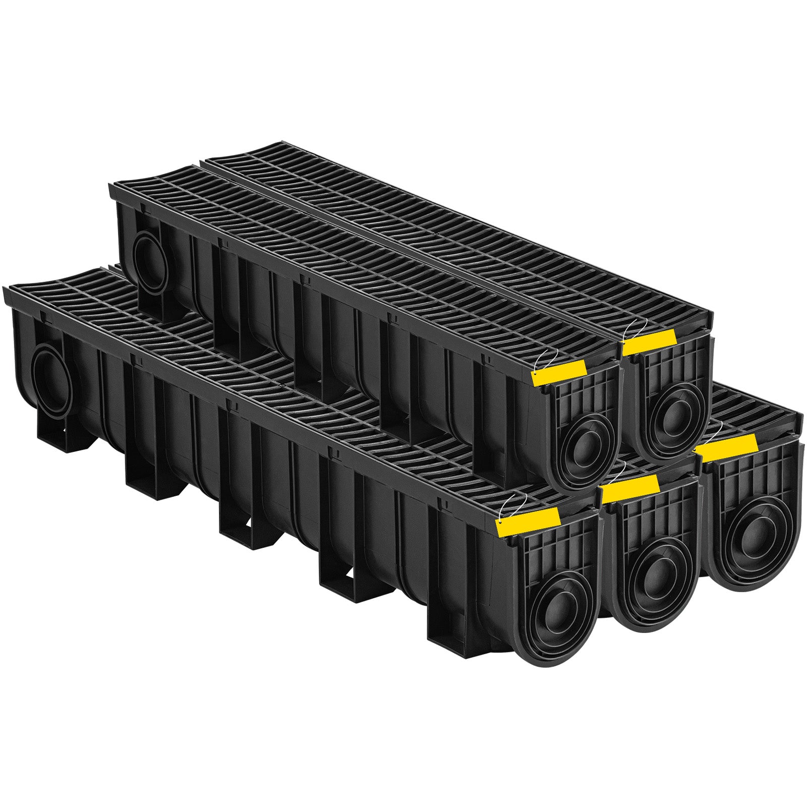 Trench Drain System, Channel Drain with Plastic Grate, 5.9x7.5-Inch HDPE Drainage Trench, Black Plastic Garage Floor Drain, 5x39 Trench Drain Grate, with 5 End Caps, for Garden, Driveway-5 Pack