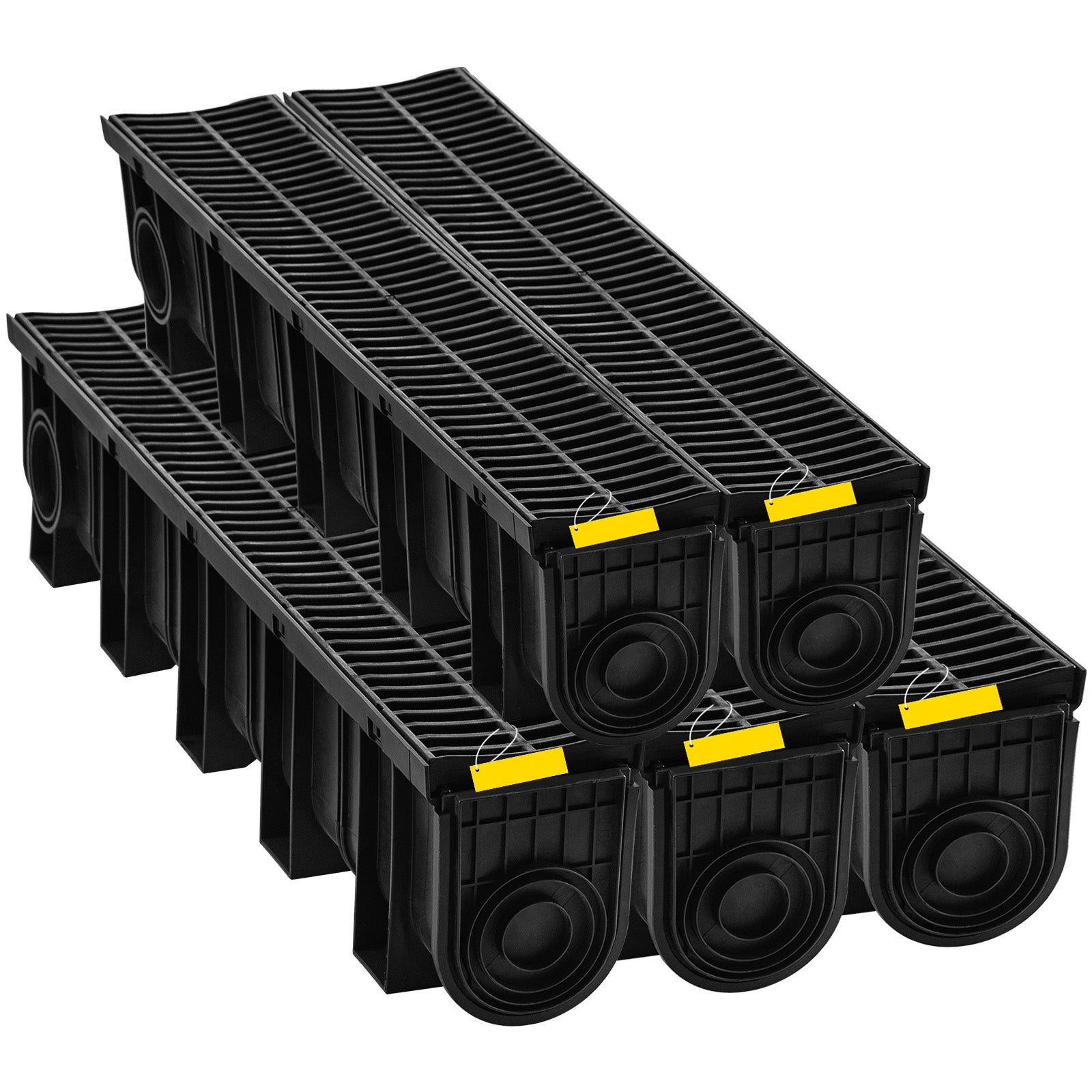 Trench Drain System, Channel Drain with Plastic Grate, 5.9x7.5-Inch HDPE Drainage Trench, Black Plastic Garage Floor Drain, 5x39 Trench Drain Grate, with 5 End Caps, for Garden, Driveway-5 Pack