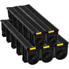 Trench Drain System, Channel Drain with Plastic Grate, 5.9x7.5-Inch HDPE Drainage Trench, Black Plastic Garage Floor Drain, 5x39 Trench Drain Grate, with 5 End Caps, for Garden, Driveway-5 Pack