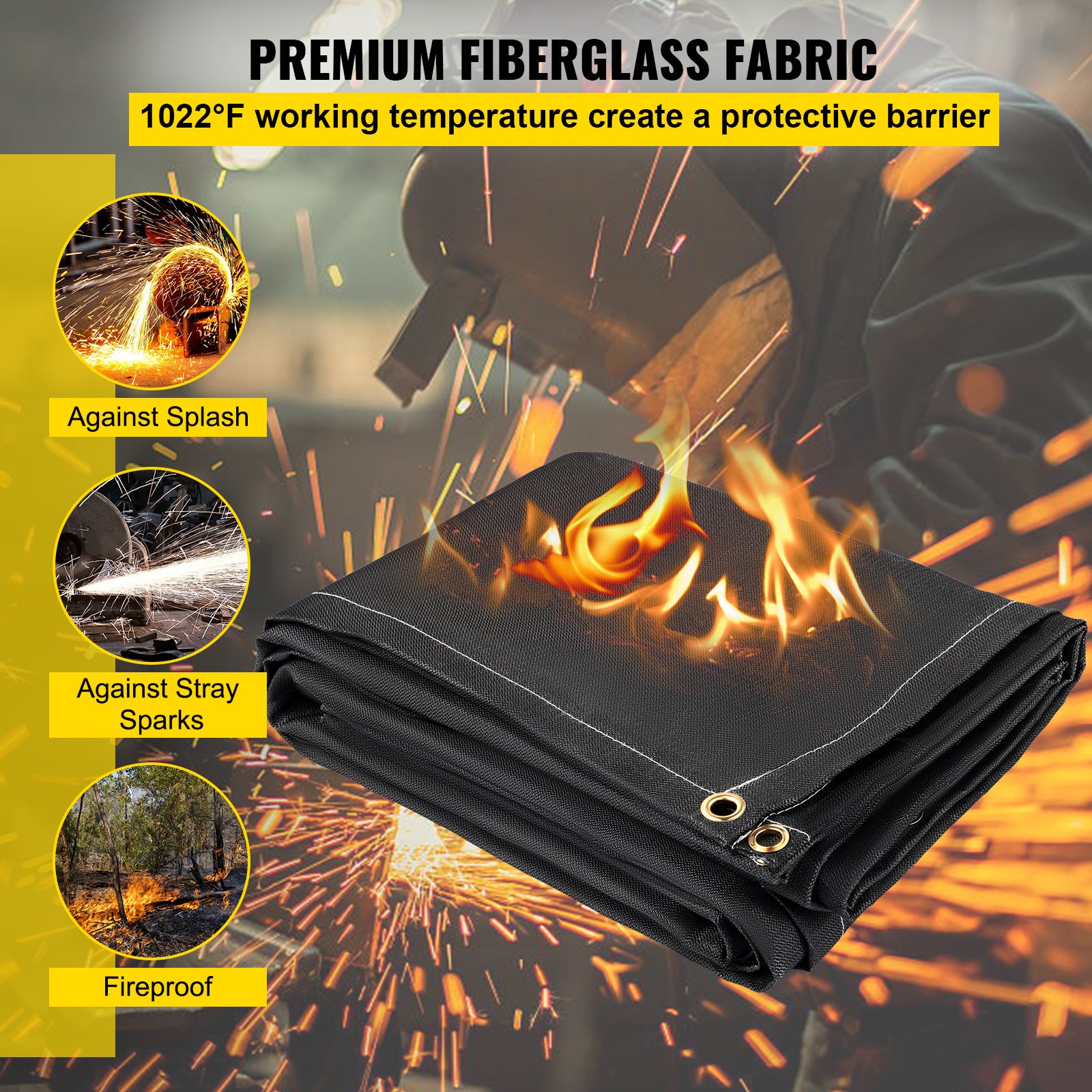 Fire Blankets, 2 Pack Welding Blankets, 8' x 10' Fire Suppression Blanket, 1022°F Flame Retardant Blanket, Black Fire Emergency Blankets, Fiberglass Fire Retardant Blanket with 12 Brass Grommets