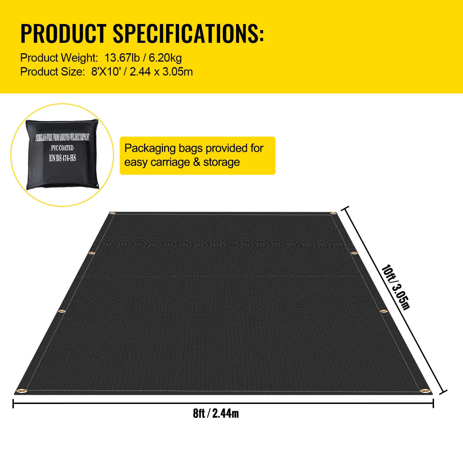 Fire Blankets, 2 Pack Welding Blankets, 8' x 10' Fire Suppression Blanket, 1022°F Flame Retardant Blanket, Black Fire Emergency Blankets, Fiberglass Fire Retardant Blanket with 12 Brass Grommets