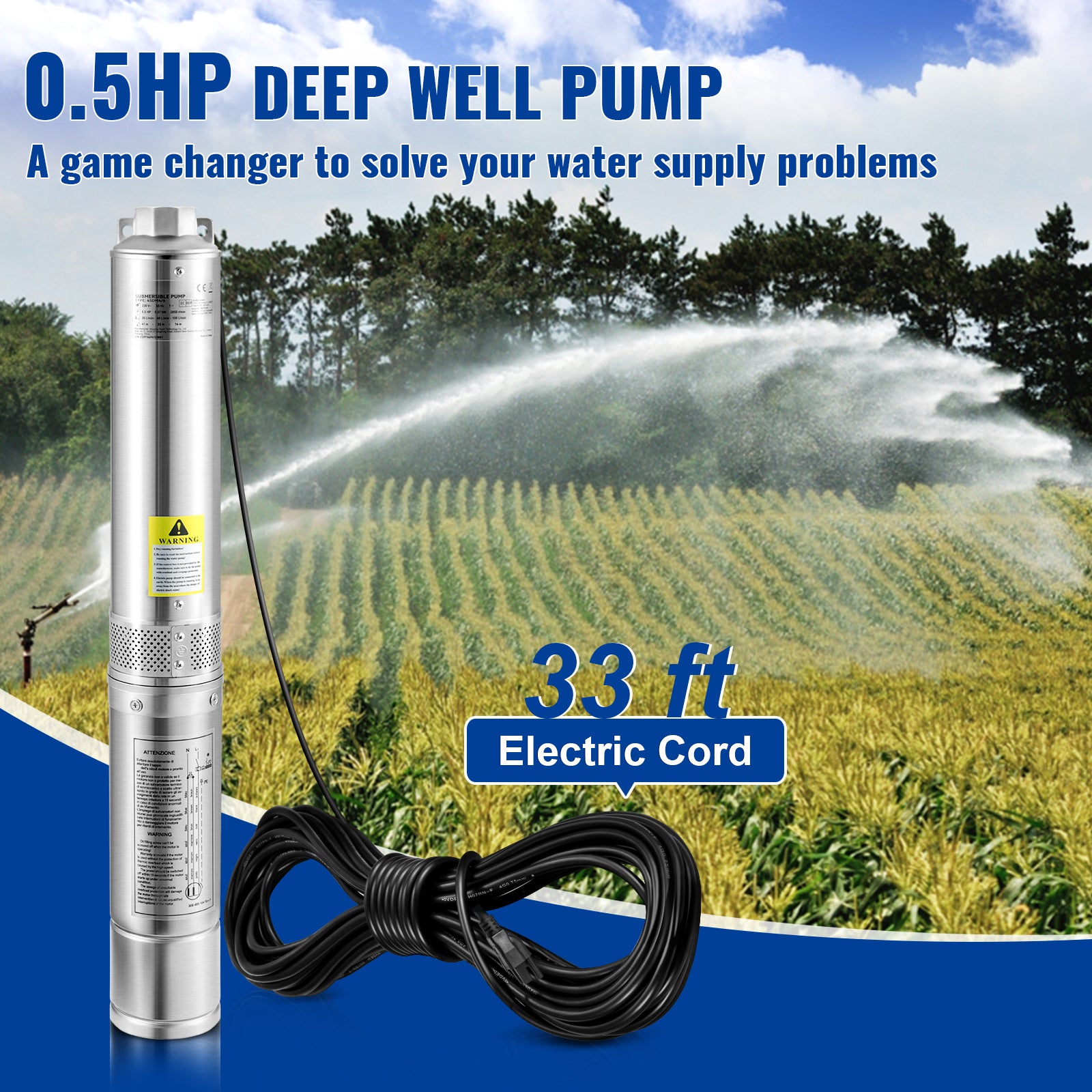Deep Well Submersible Pump, 0.5HP 115V/60Hz, 28gpm Flow 167ft Head, with 33ft Electric Cord, 4" Stainless Steel Water Pumps for Industrial, Irrigation&Home Use, IP68 Waterproof Grade