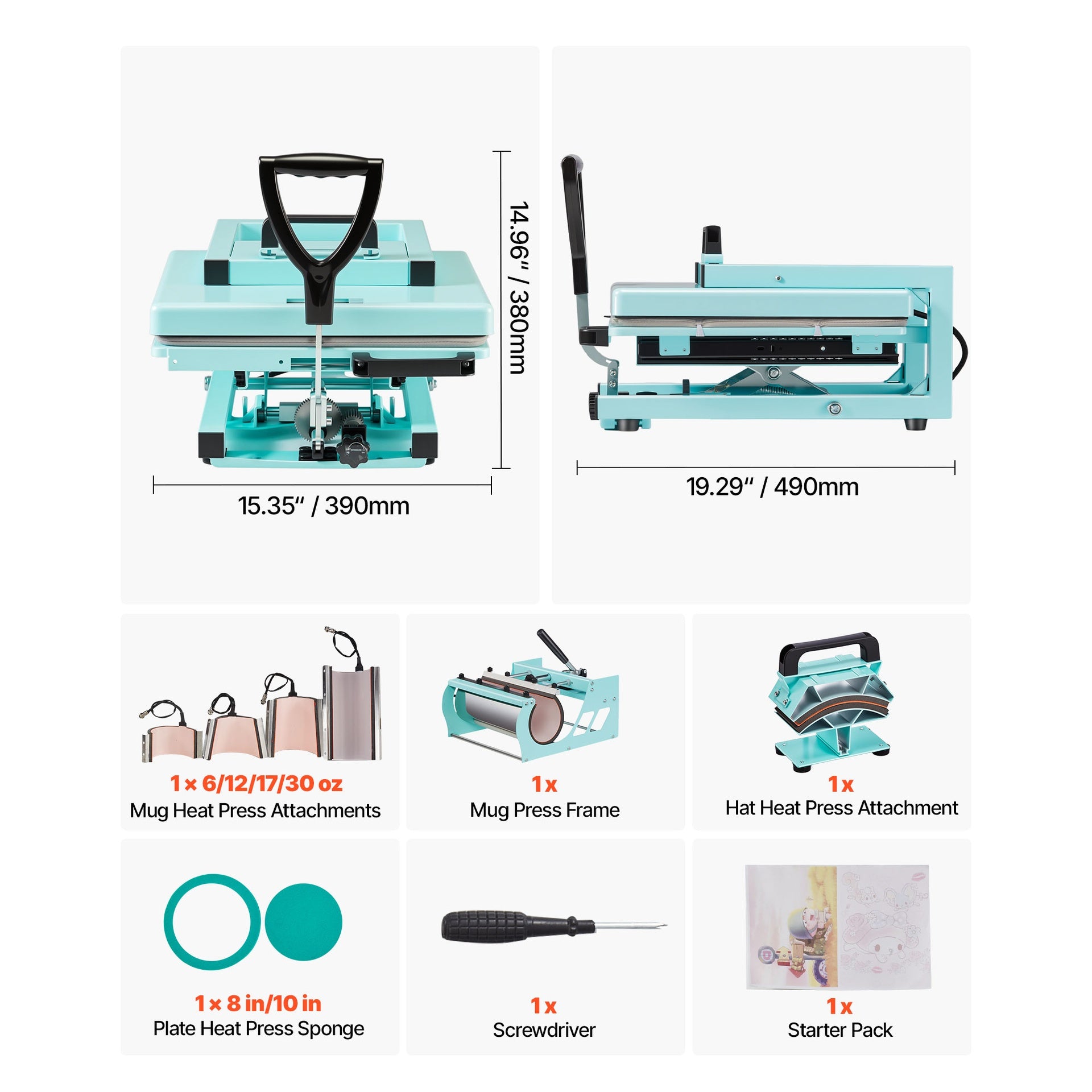 Hybrid Heat Press, 15 x 15 inch, 8-in-1 Multifunction, Heat Up Fast and Even, All-New Patented Design, Easy to Control, Sublimation Press Machine for T-shirts/Tumblers/Caps/Plates, Light Green