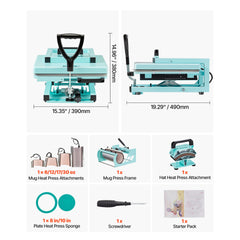 Hybrid Heat Press, 15 x 15 inch, 8-in-1 Multifunction, Heat Up Fast and Even, All-New Patented Design, Easy to Control, Sublimation Press Machine for T-shirts/Tumblers/Caps/Plates, Light Green
