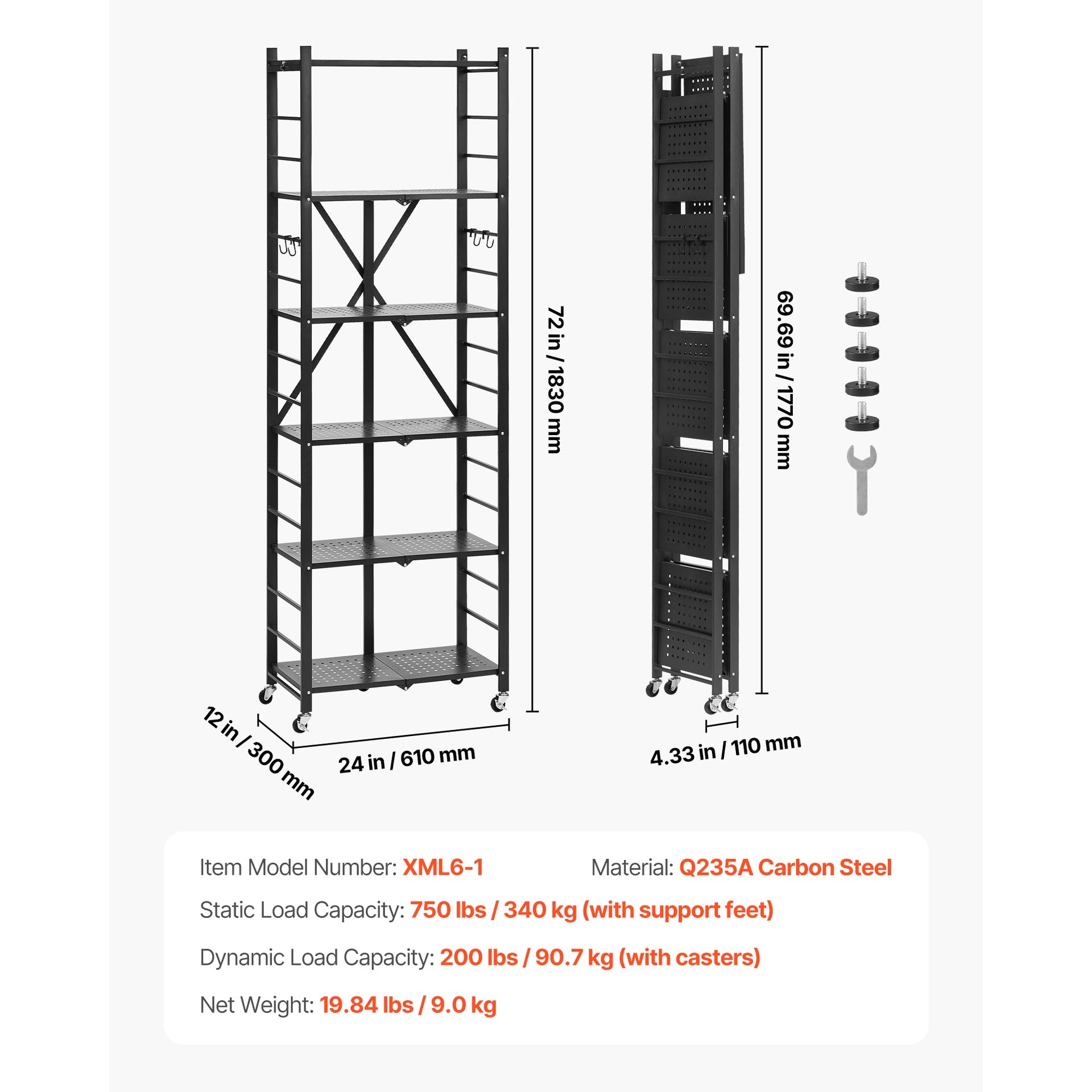 6-Tier Foldable Storage Shelf with Wheels 24 x 12 x 72-inch Metal Shelving